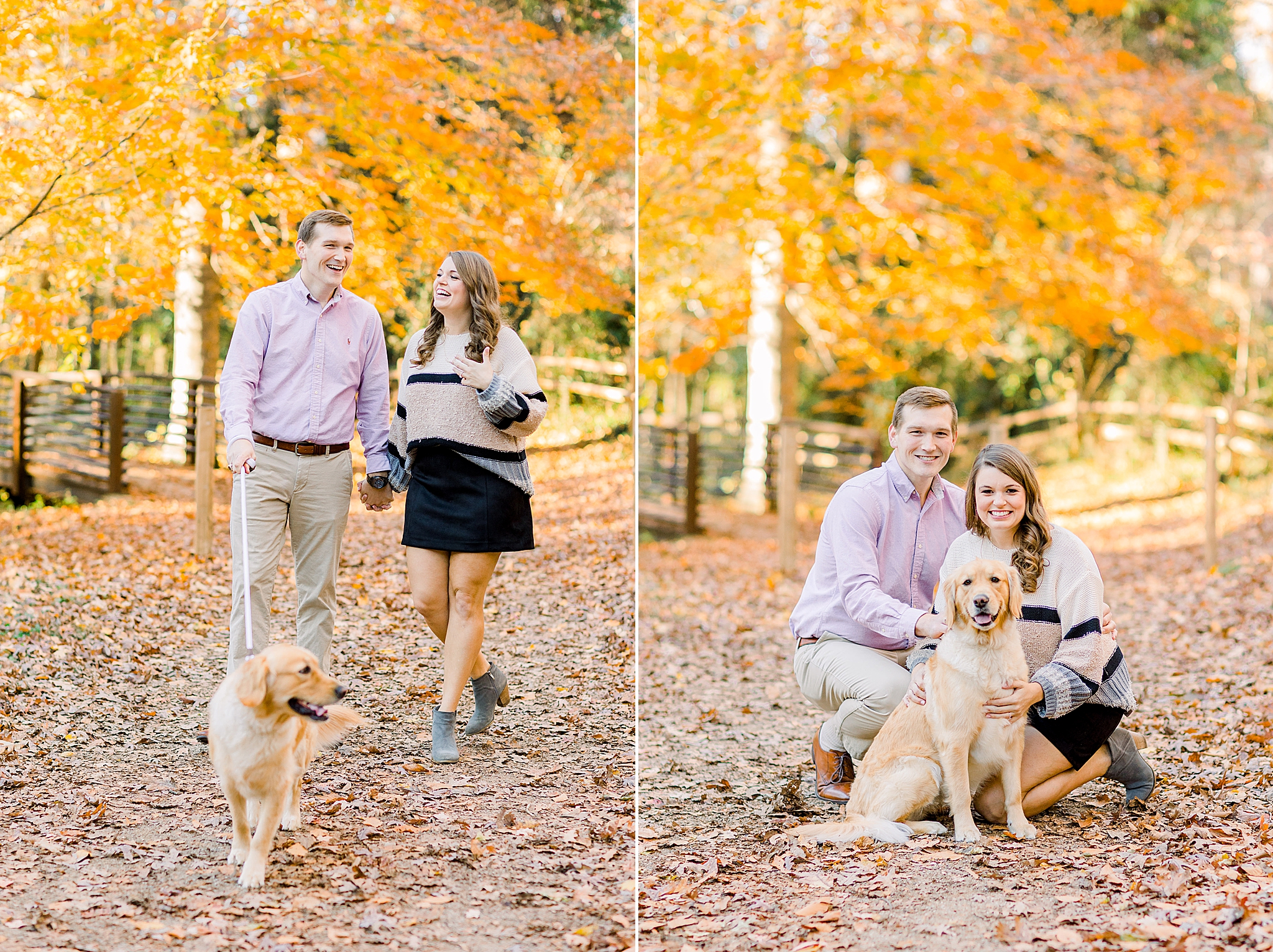engaged couple poses with dog at Jemison Park