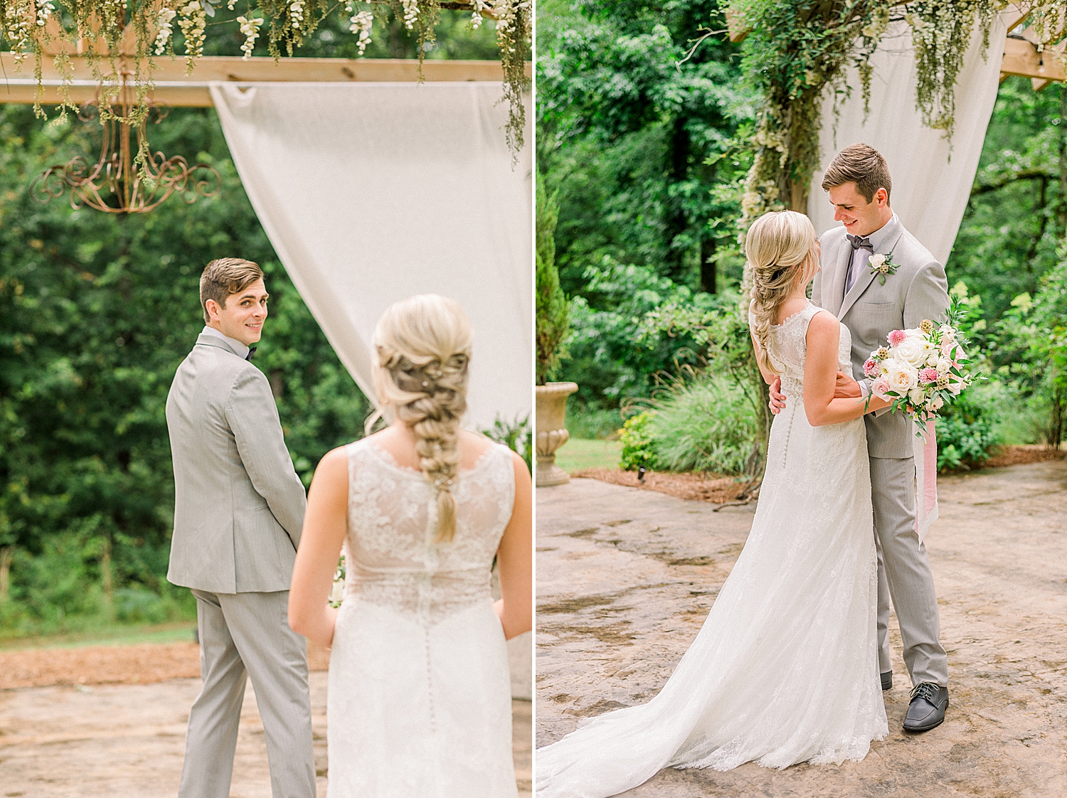 Creekside Meadows wedding day first look with pergola in backdrop