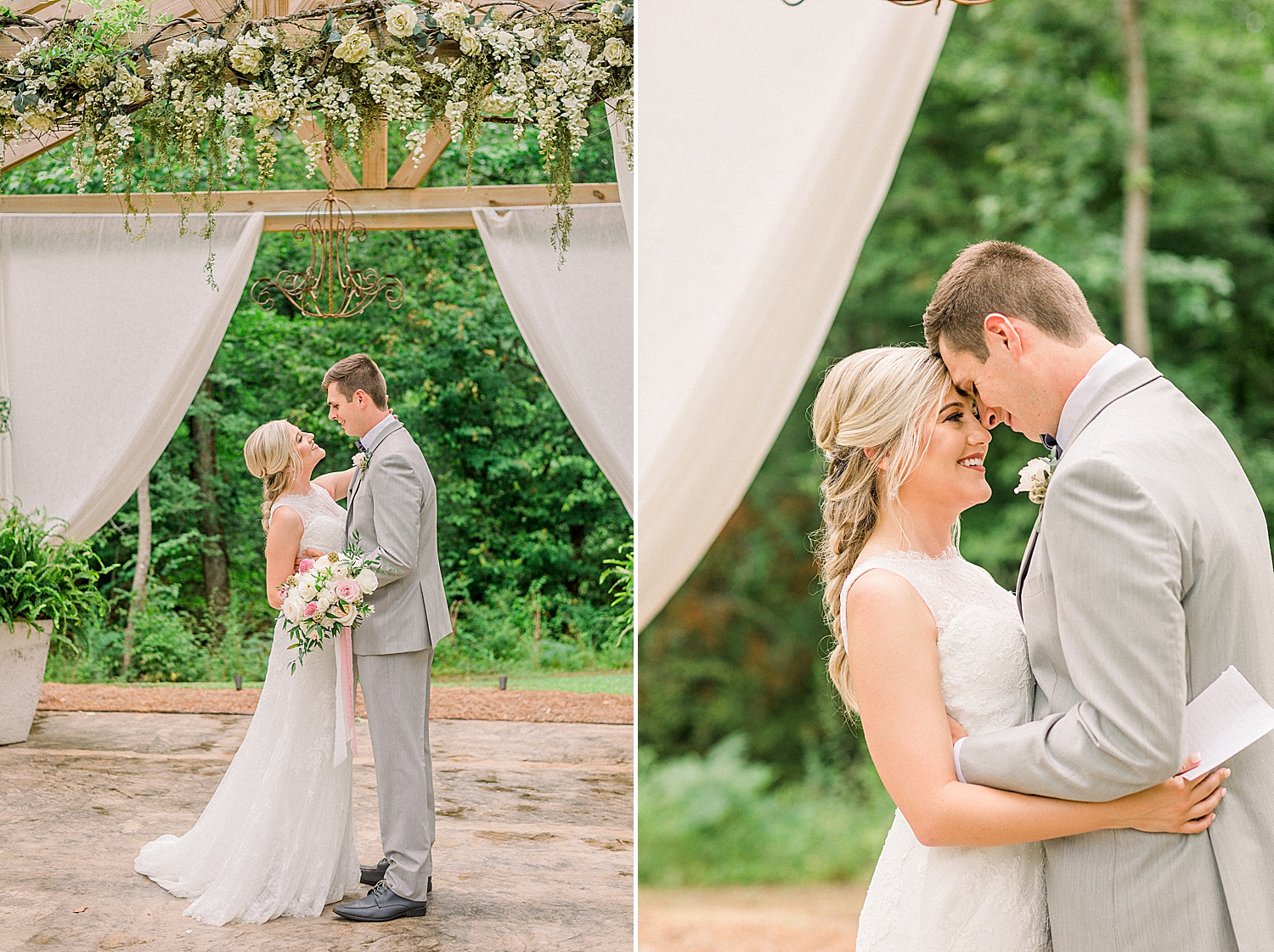Creekside Meadows wedding portraits by pergola covered in flowers