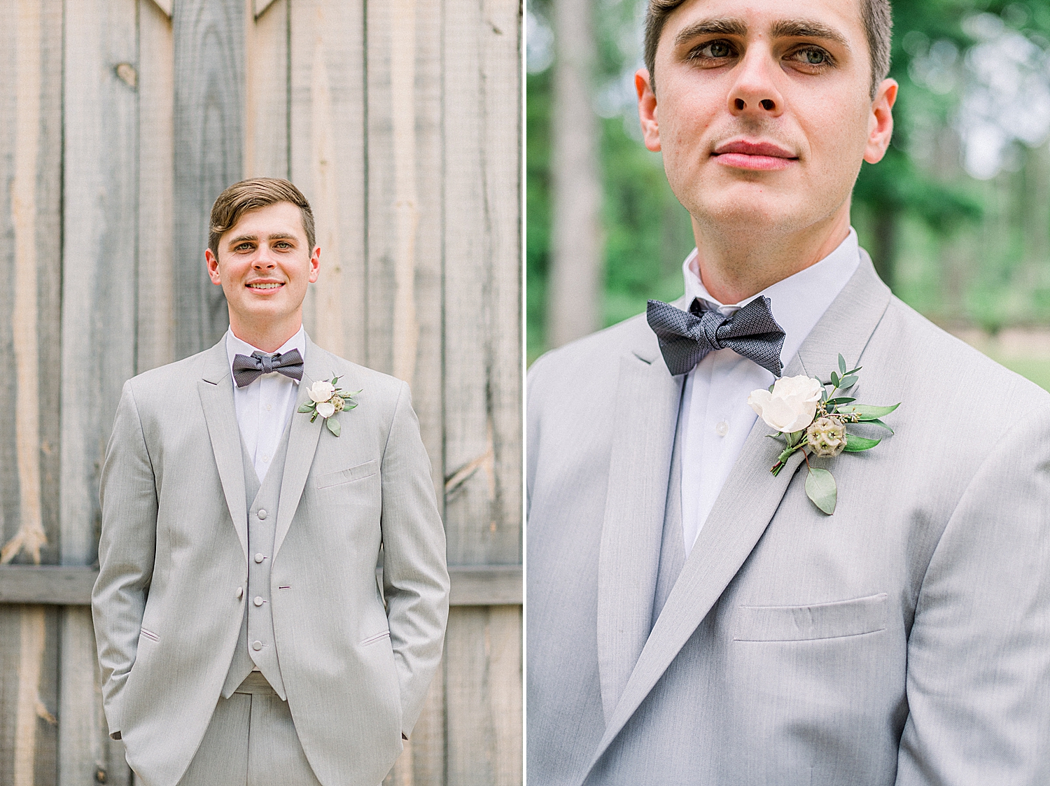 groom in grey suit poses before AL wedding