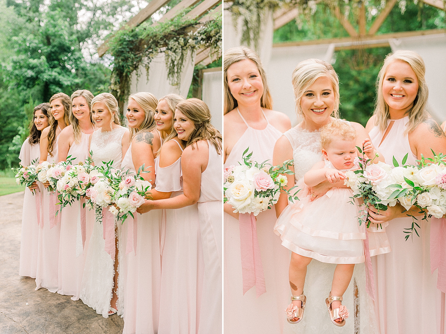 bridesmaids in pink gowns pose with bride at Creekside Meadows