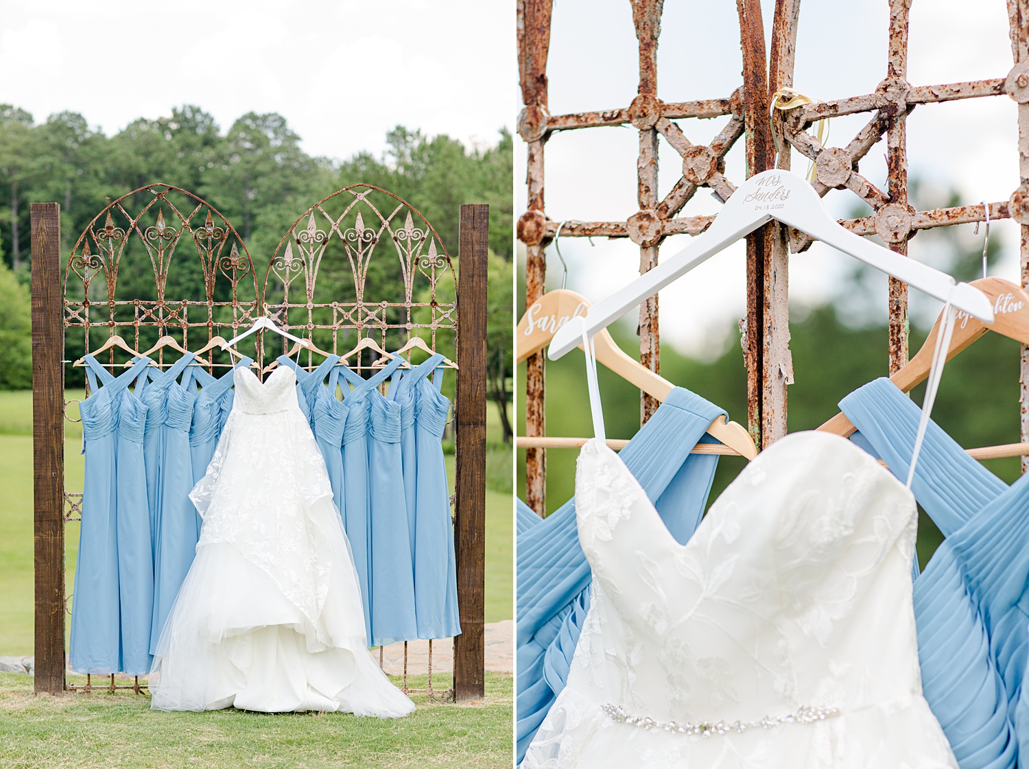 bride's dress hangs with bridesmaids gowns in blue