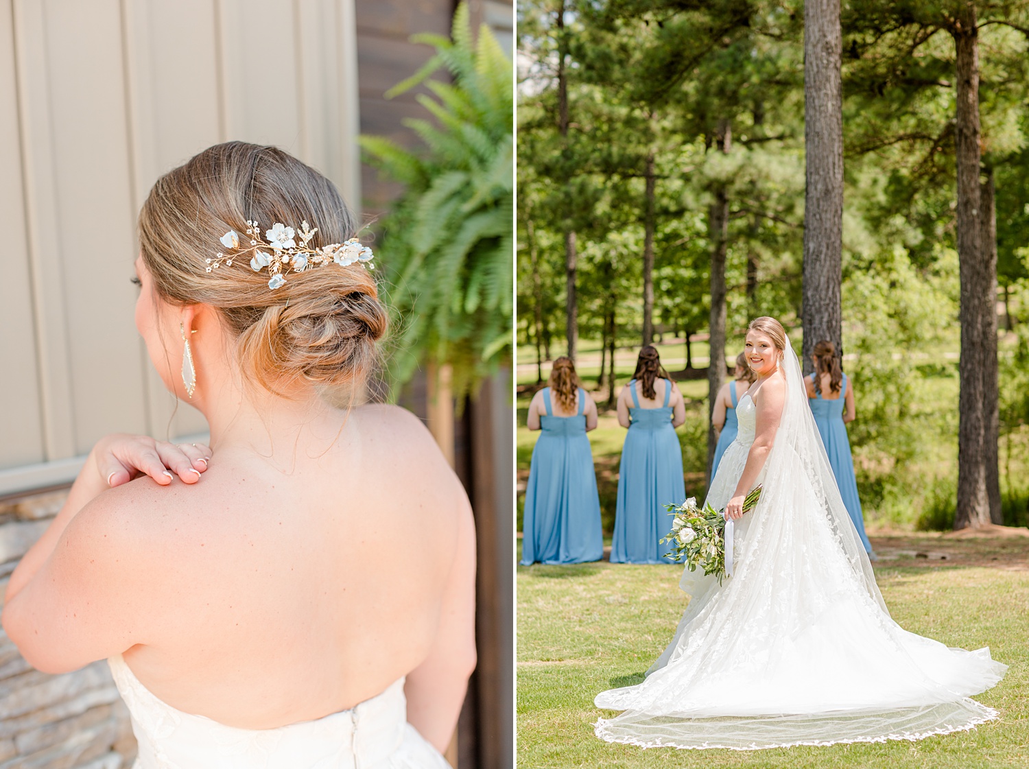 bride with updo poses with bridesmaids around her