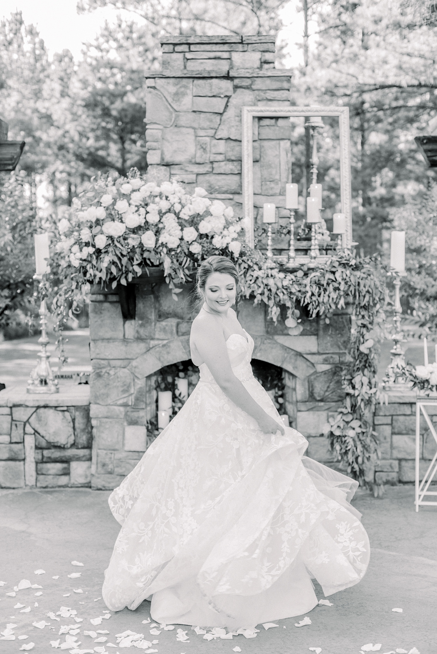 bride twirls on patio at Douglas Manor