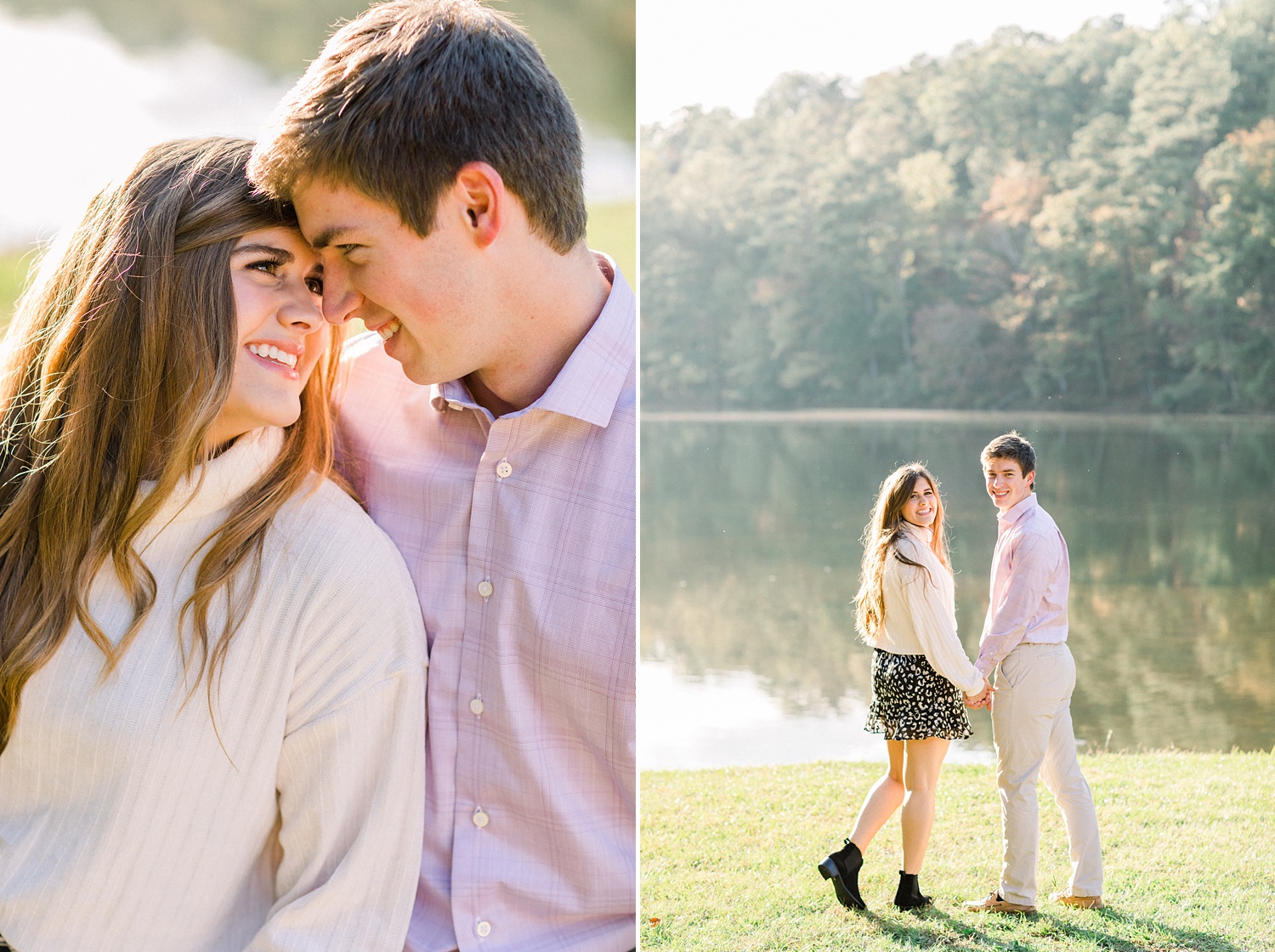 fall Oak Mountain State Park engagement photos with couple in pastel outfits