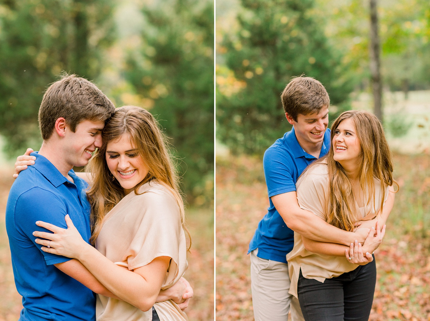 engaged couple laughs and hugs during fall engagement session