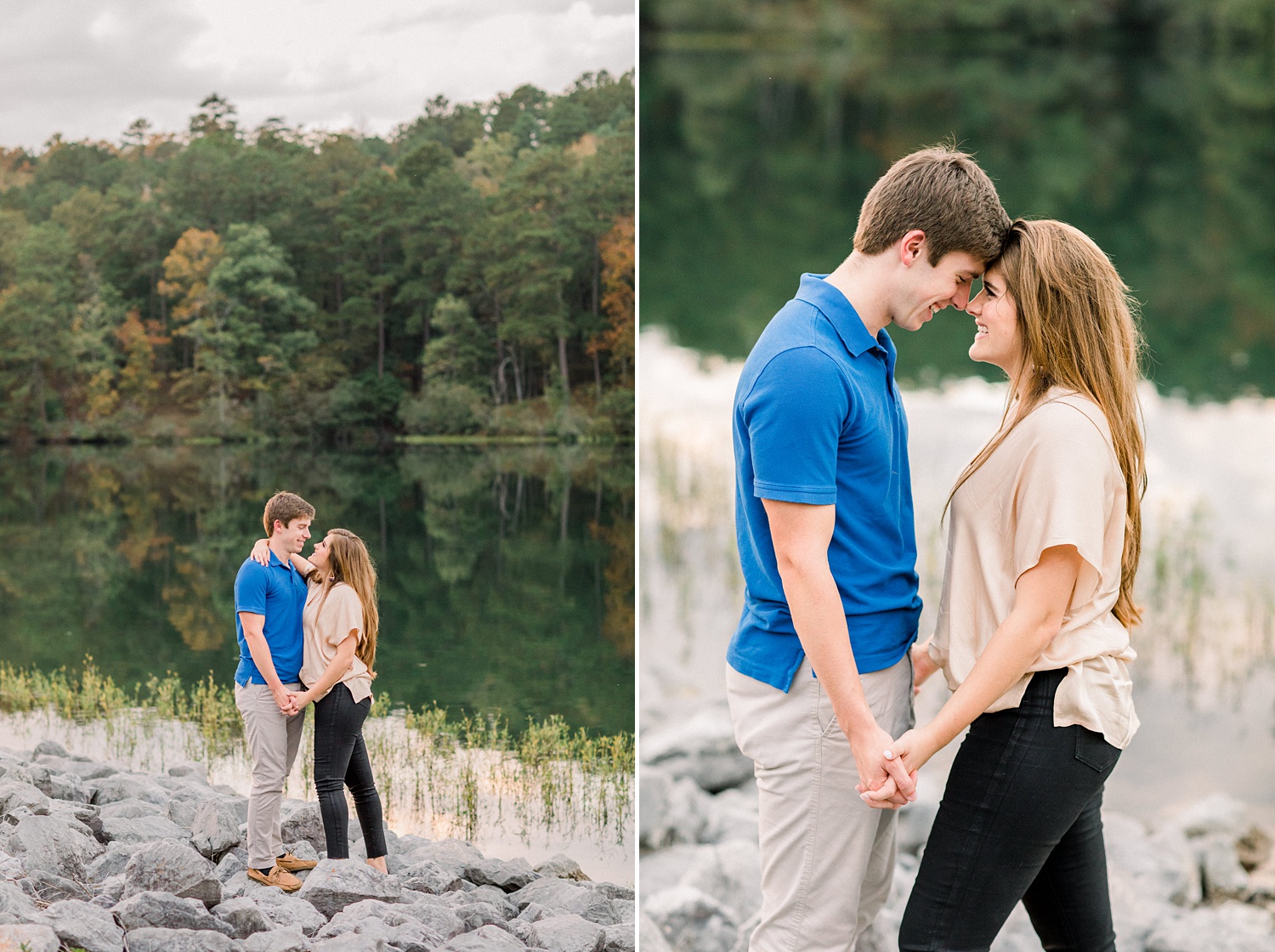 fall Oak Mountain State Park engagement photos along the water