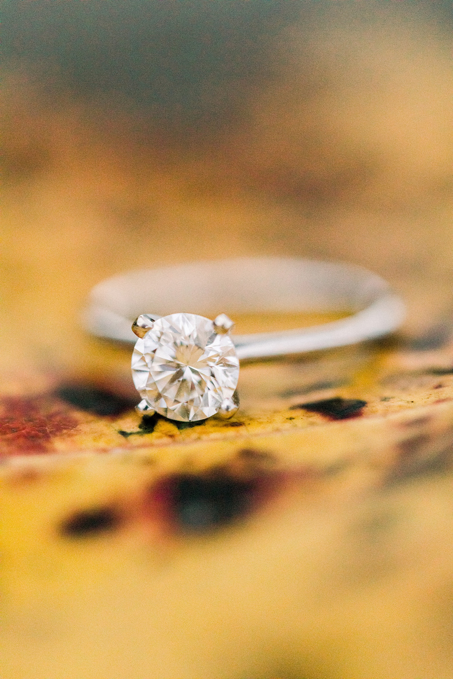 diamond engagement ring on fall leaf