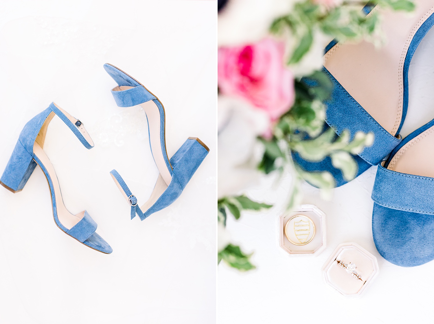 bride's blue shoes rest under wedding bouquet