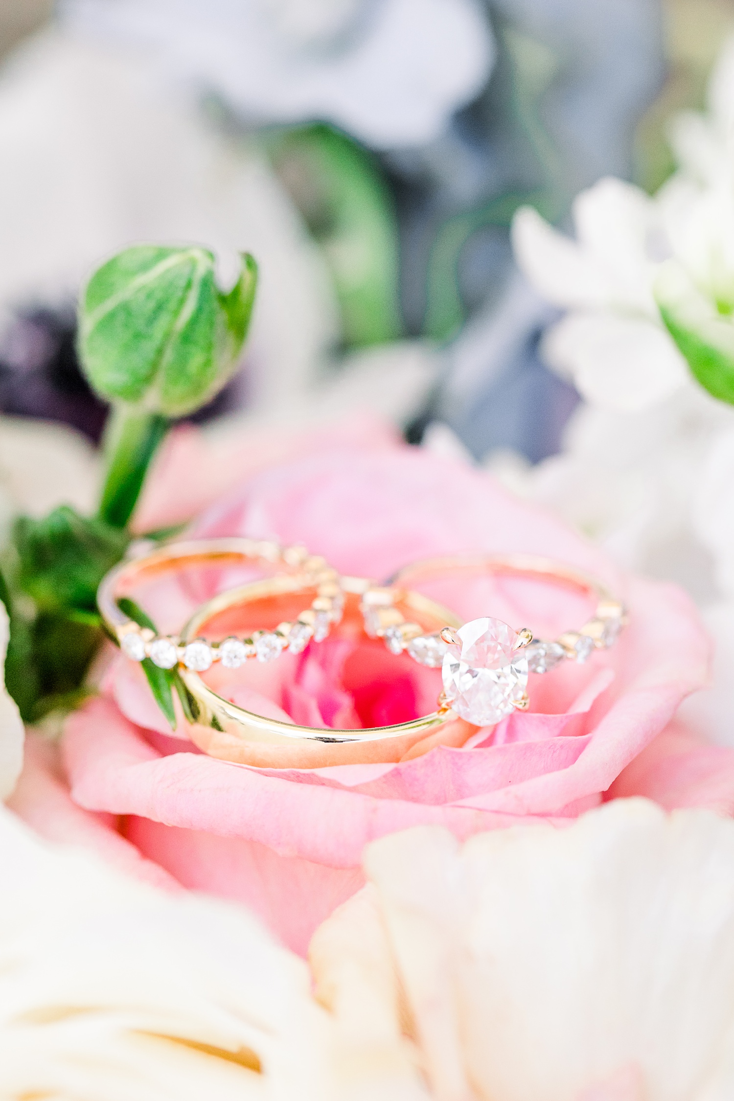 rings rest on pink rose before AL wedding
