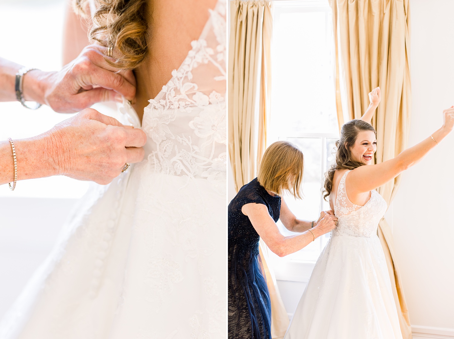 bride cheers while wedding dress is put on