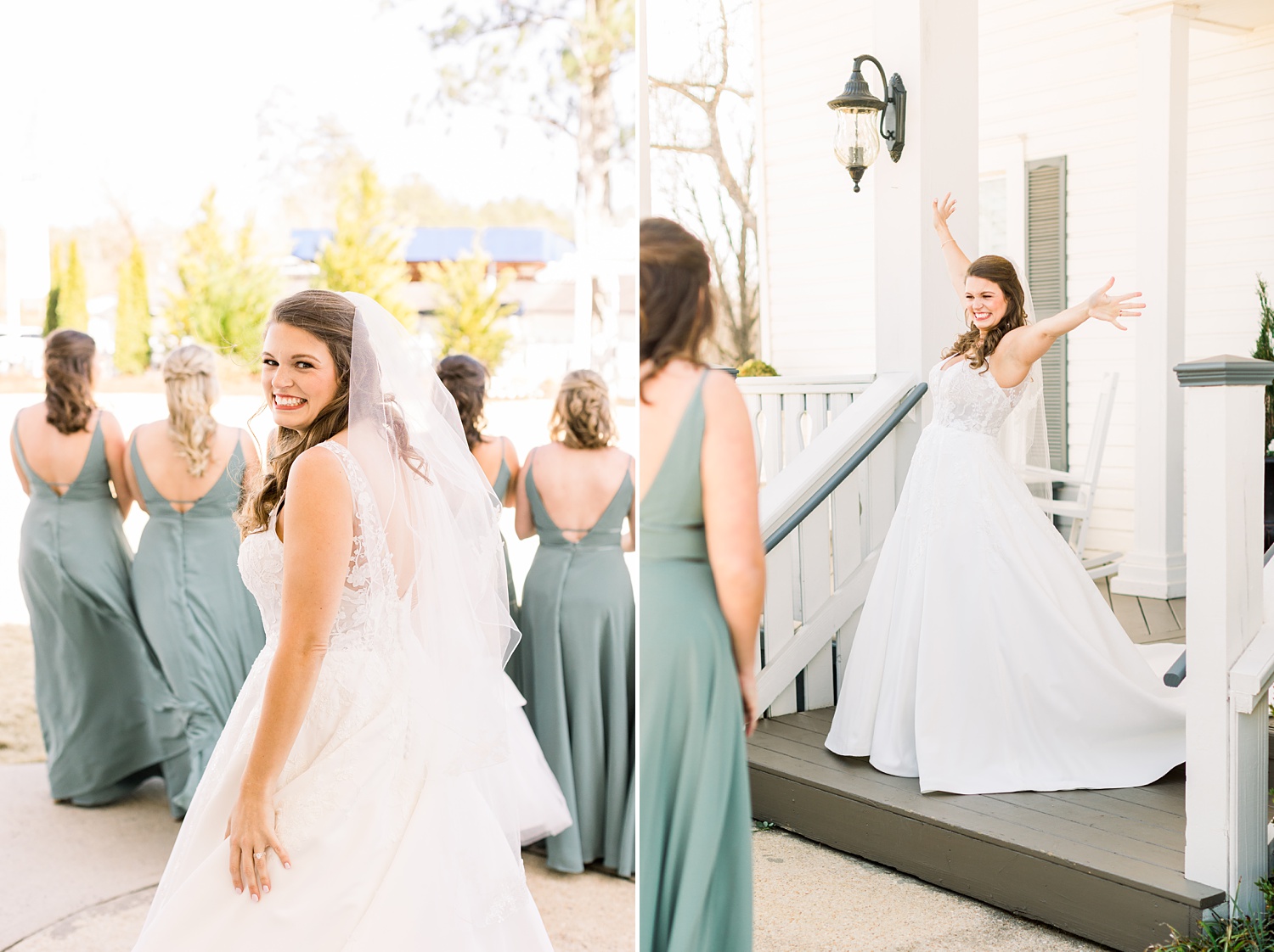 bride approaches bridesmaids for first look outside Camelot Manor