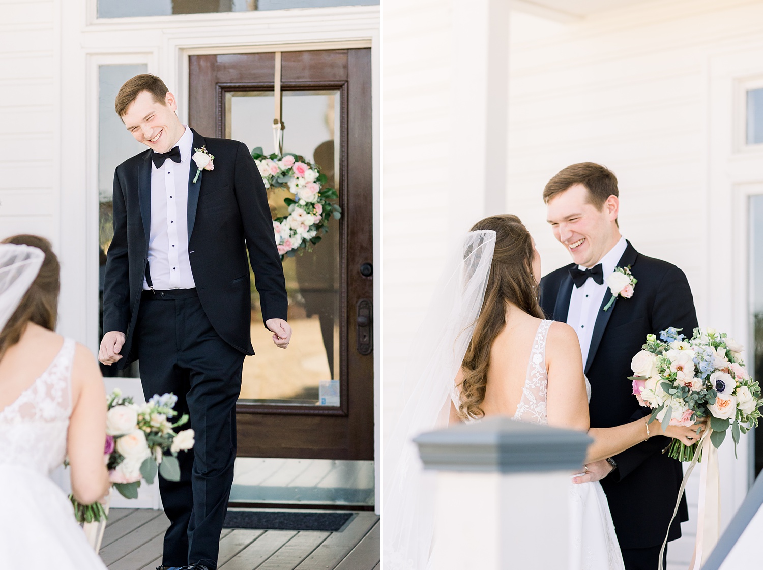 bride and groom laugh during first look in front of Camelot Manor