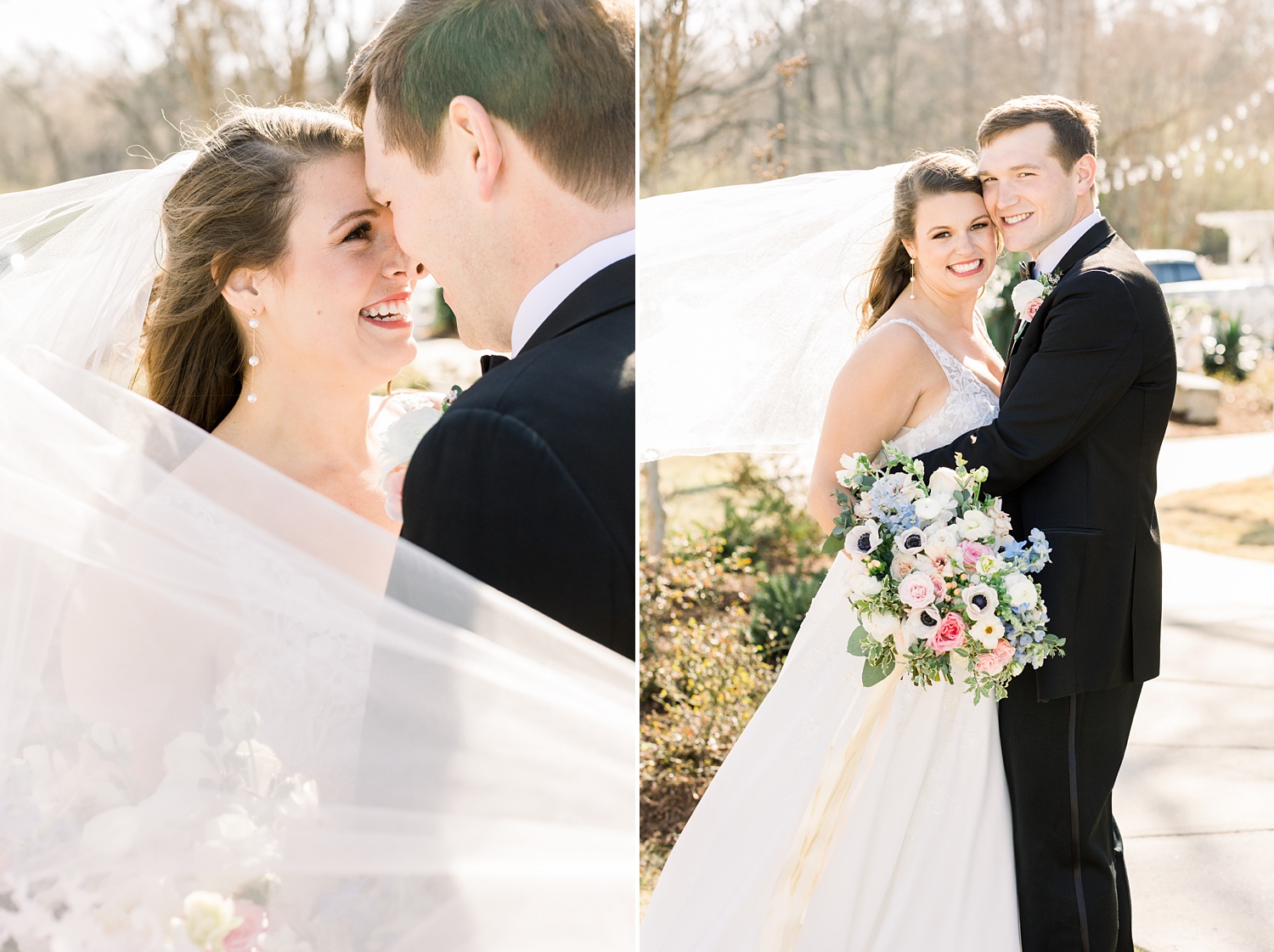 groom leans down to bride with veil wrapped around them