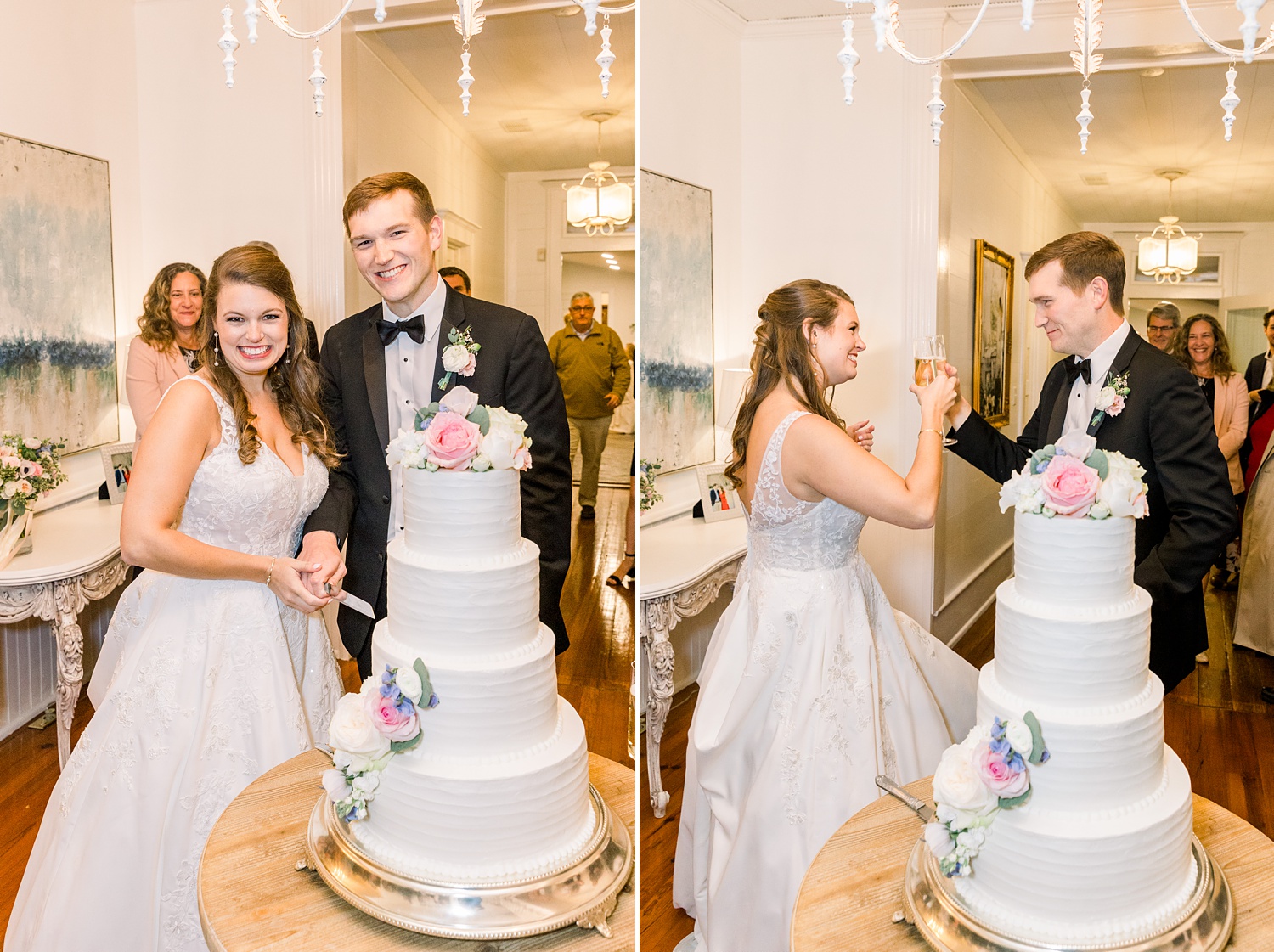 newlyweds cut wedding cake during Alabama wedding reception