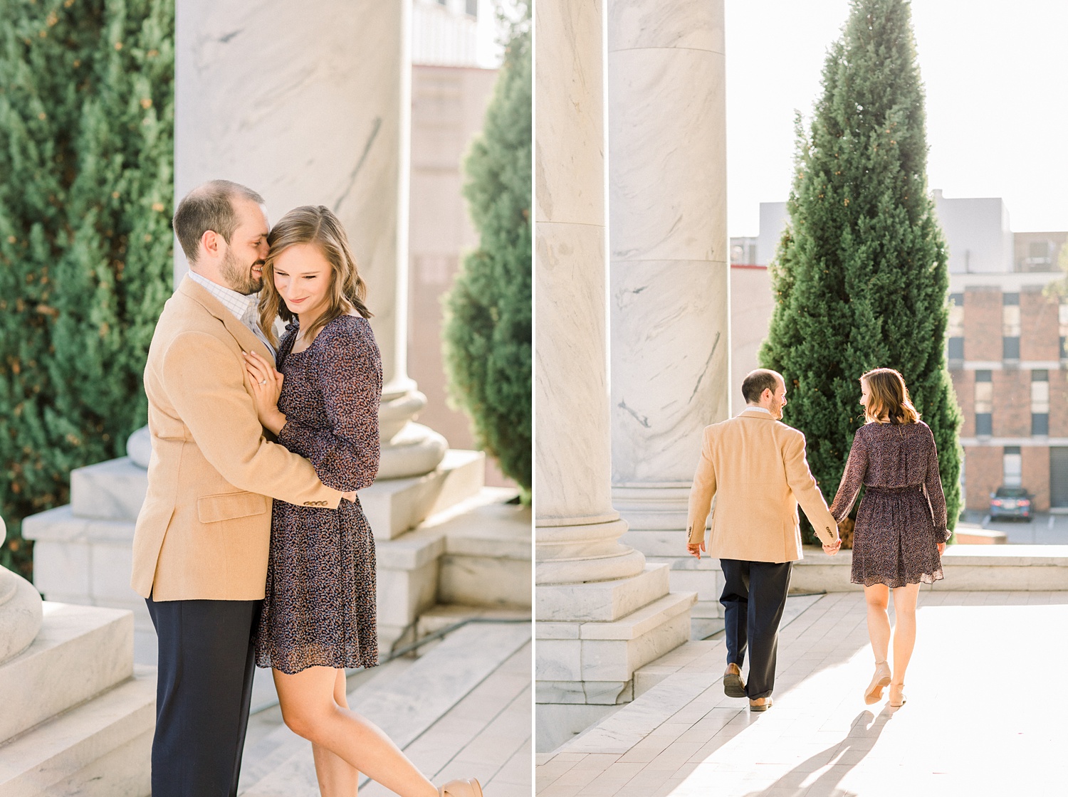 classic Downtown Birmingham engagement session with couple in the spring