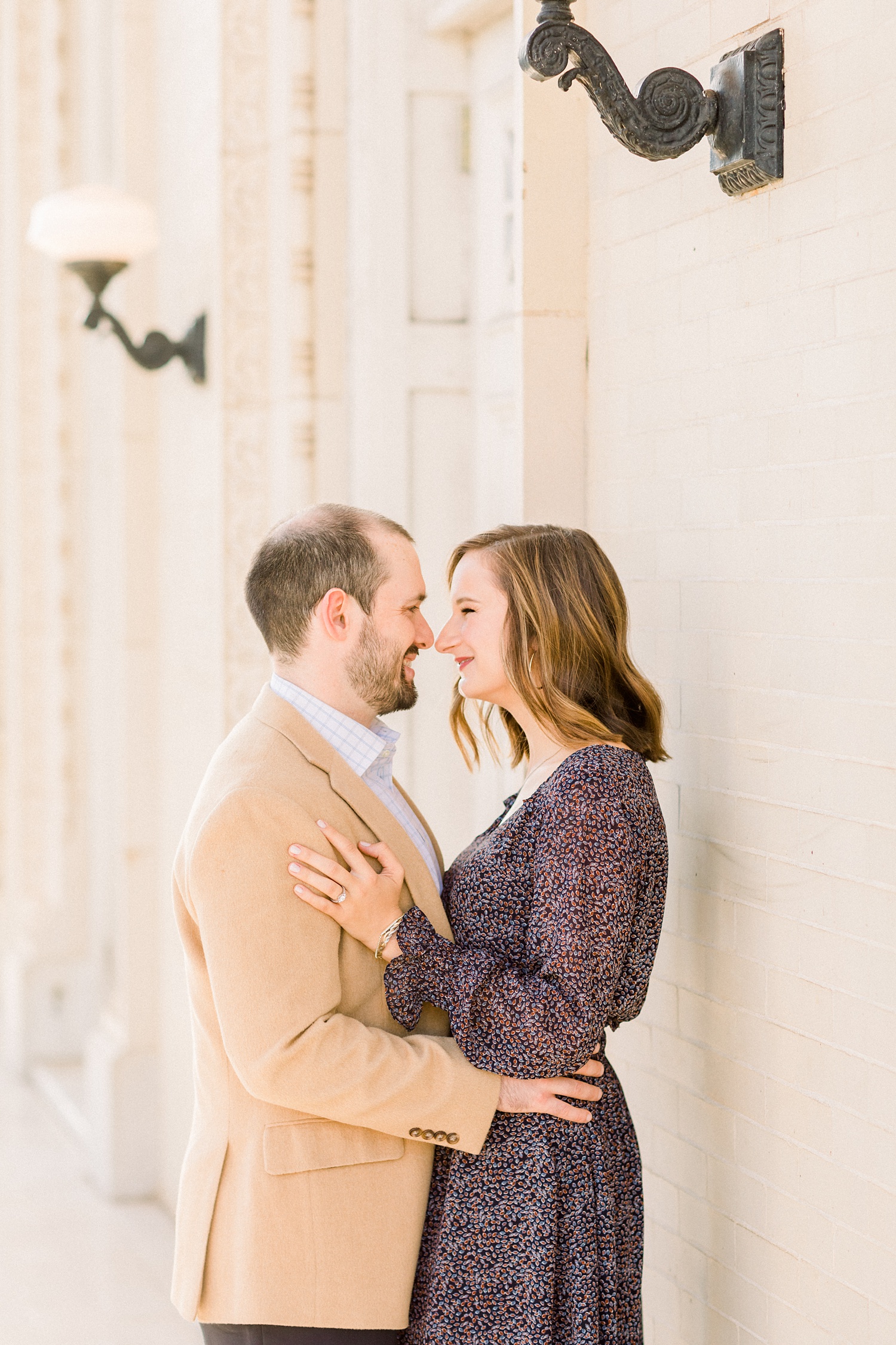 bride and groom pose with noses touching during Downtown Birmingham engagement session