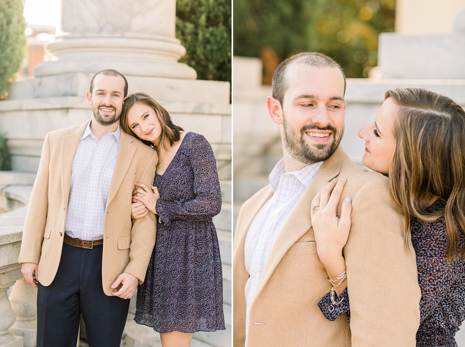 Downtown Birmingham engagement session with couple in classic attire