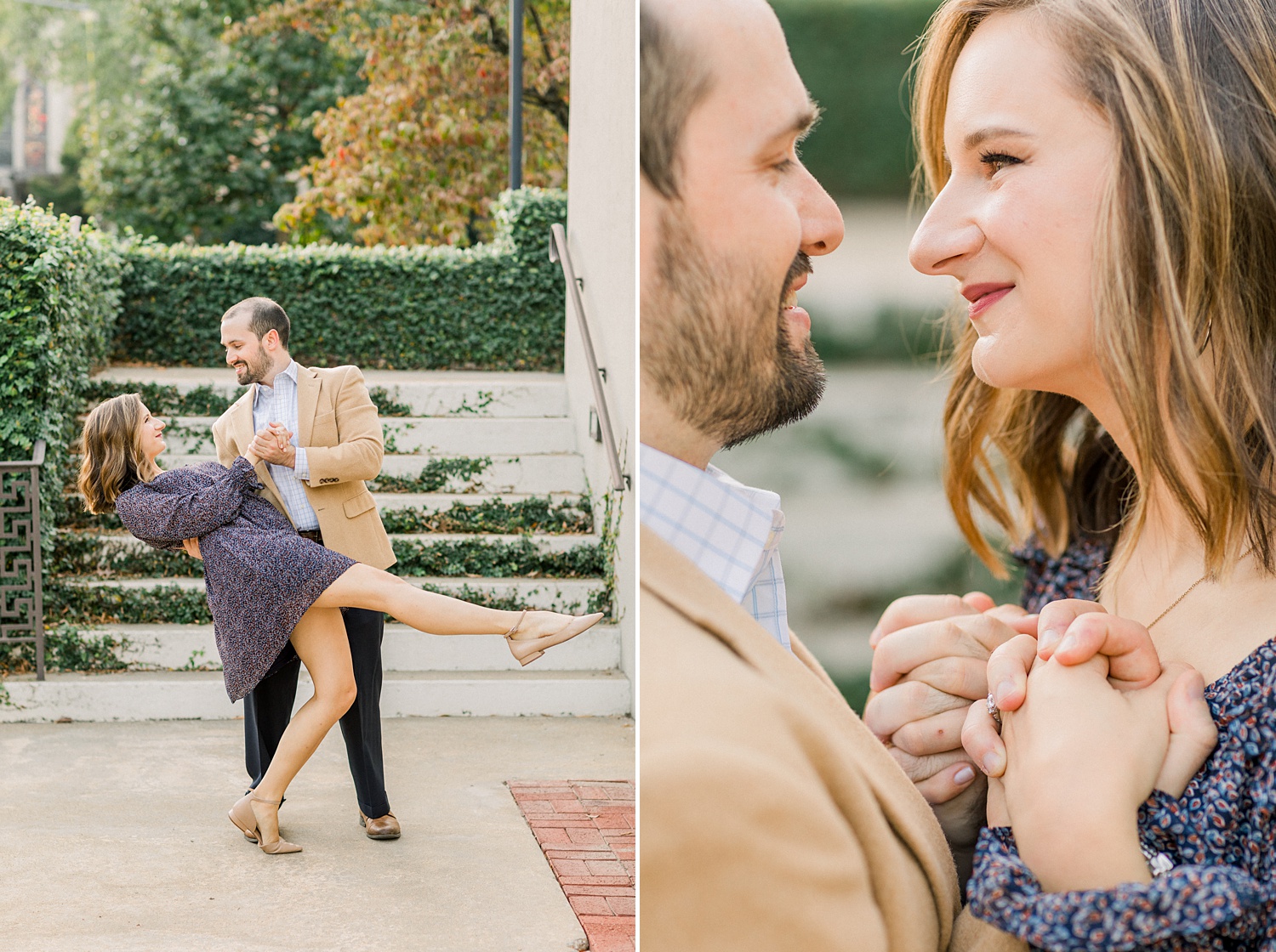 groom dips bride during Downtown Birmingham engagement session