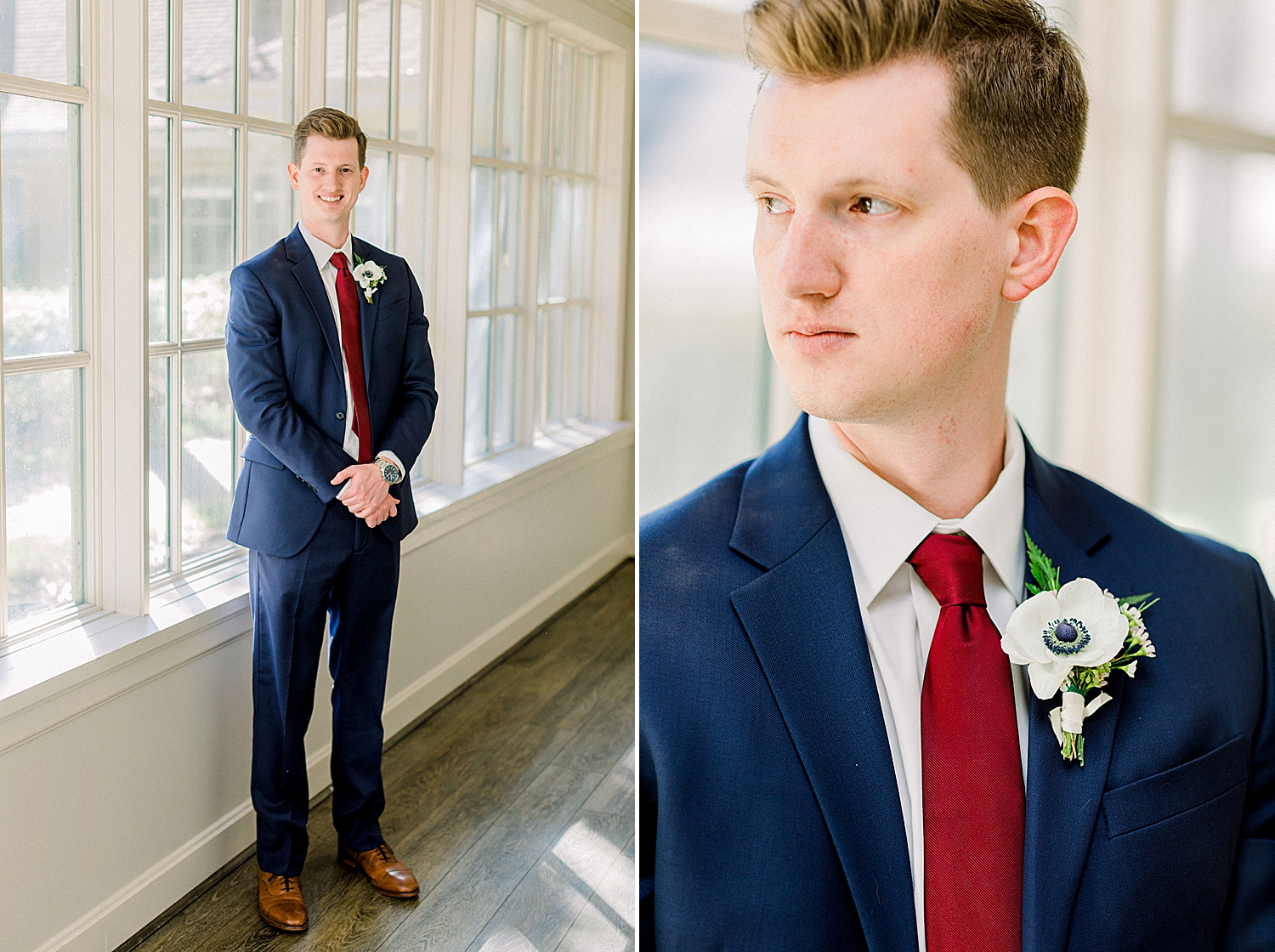 groom in navy suit with crimson tie