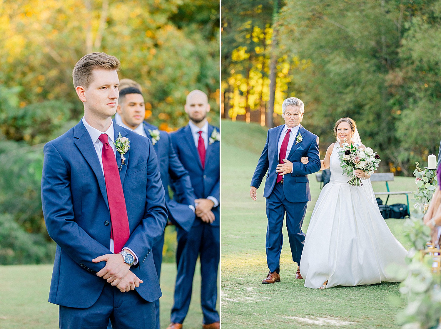 groom watches bride enter Riverchase Country Club fall wedding ceremony