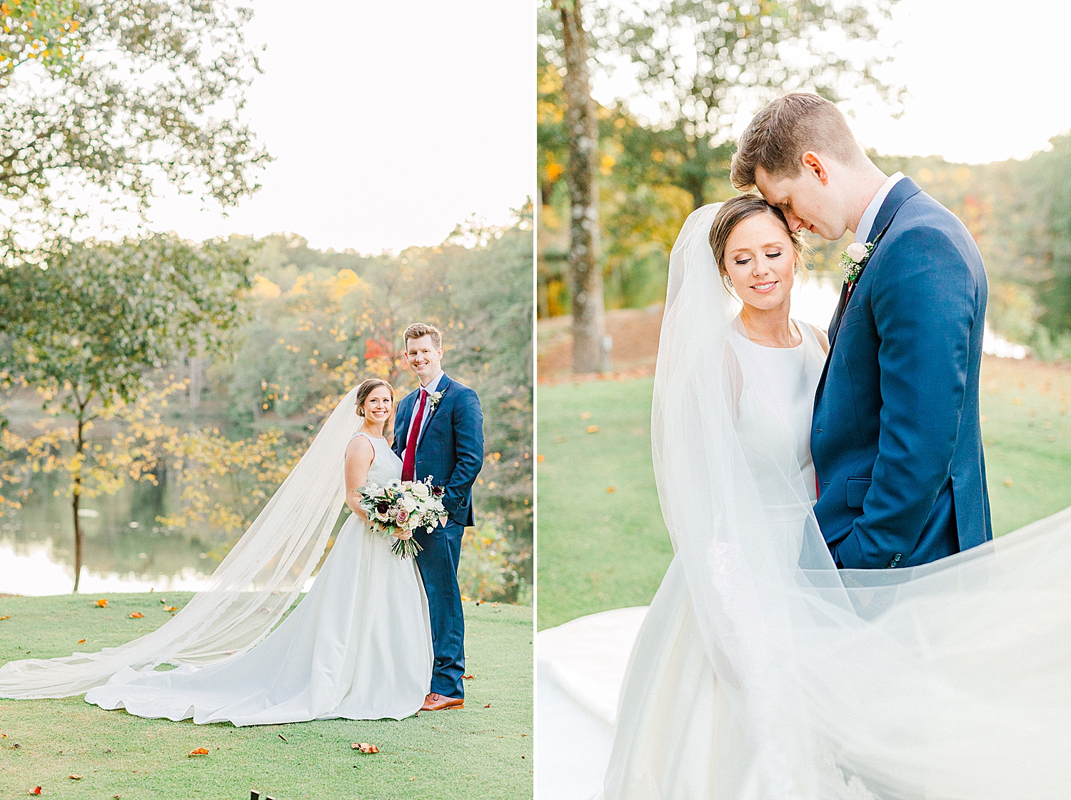 fall wedding portraits with bride's veil sweeping