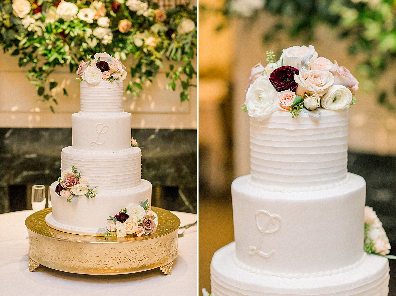 tiered wedding cake with flowers at Riverchase Country Club