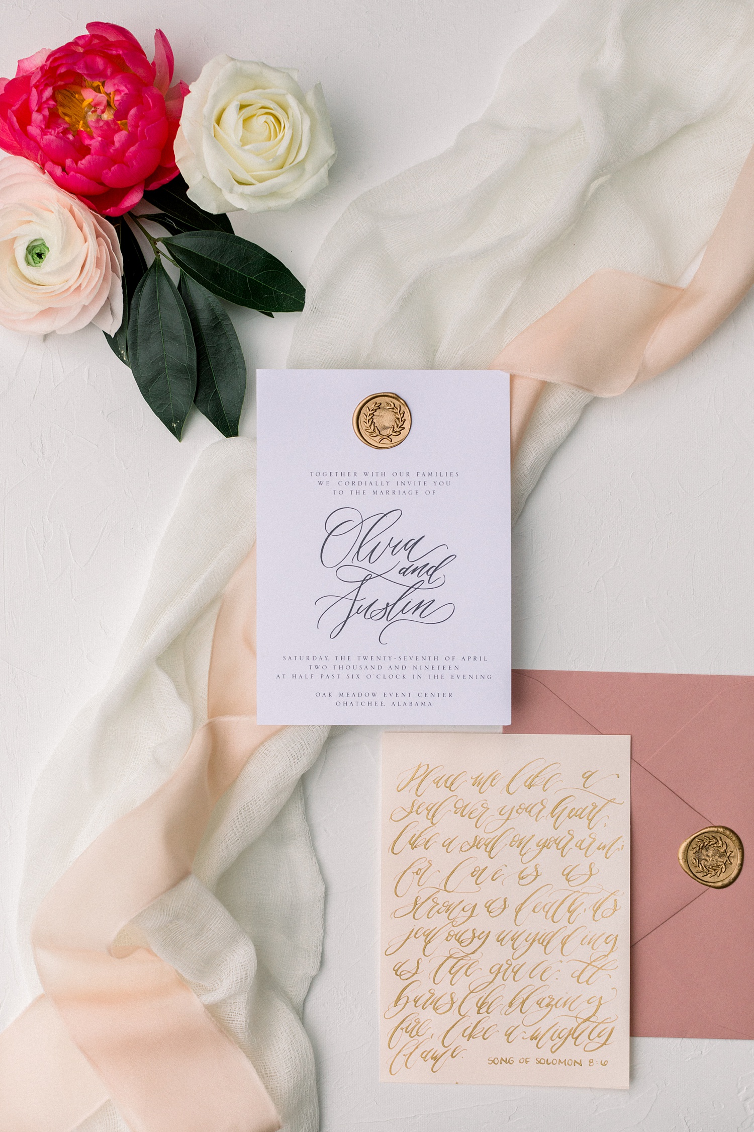 pastel invitation for Oak Meadow Event Center wedding