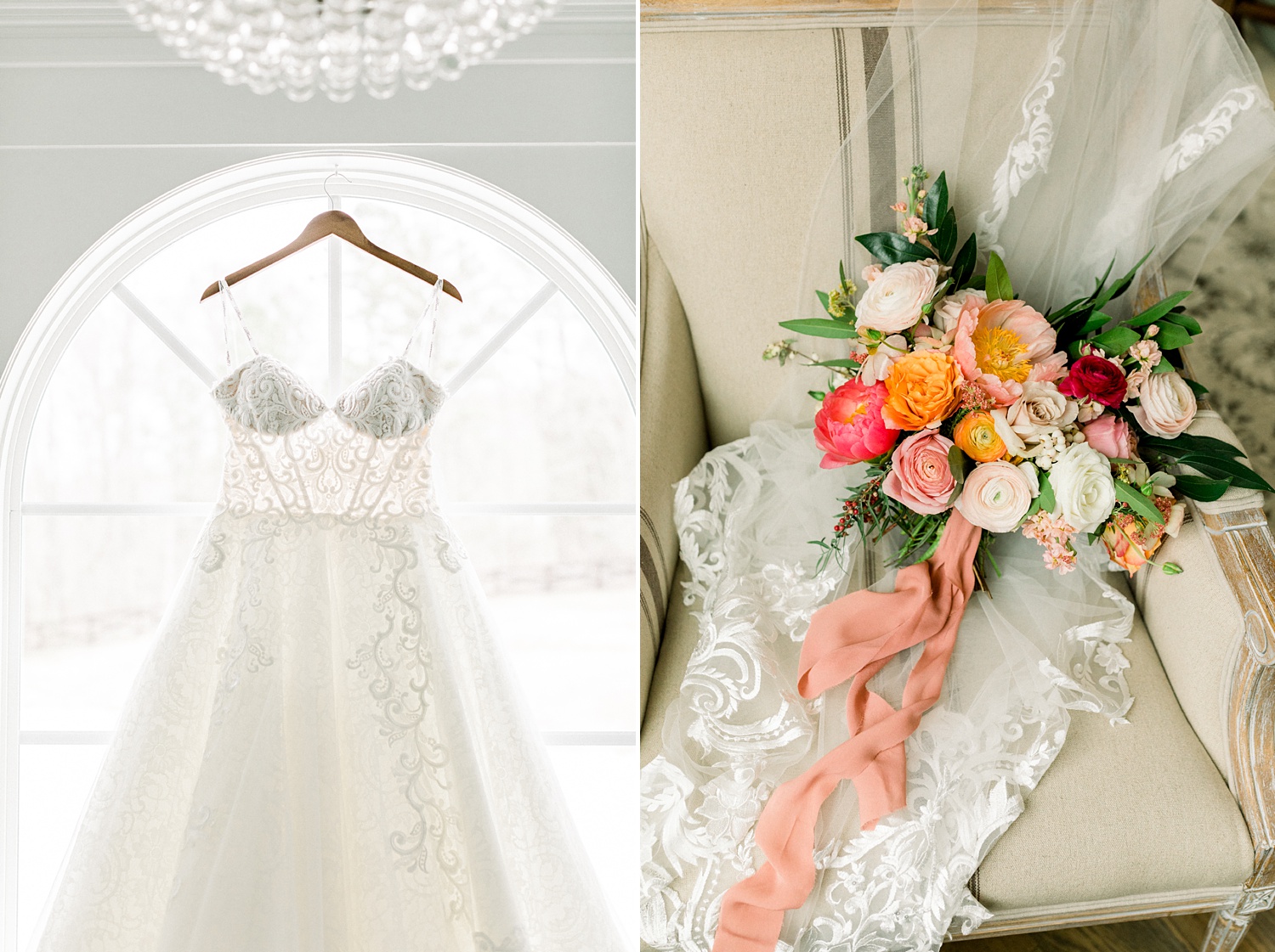 bride's wedding dress hangs in window at Oak Meadow Event Center