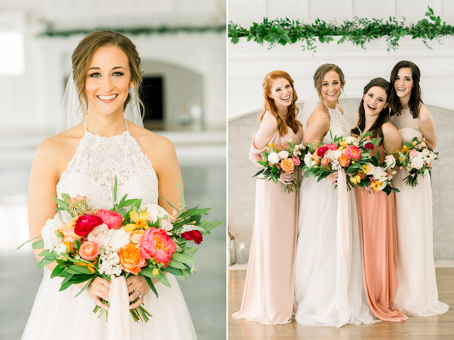 bride and bridesmaids in peach gowns pose together in Alabama wedding