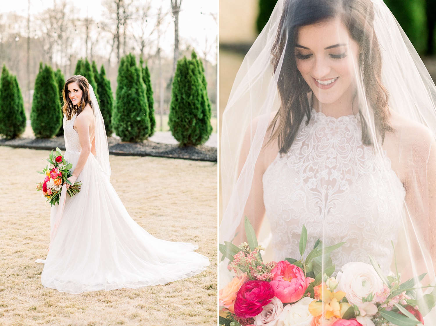 spring bridal look with bride looking down bouquet