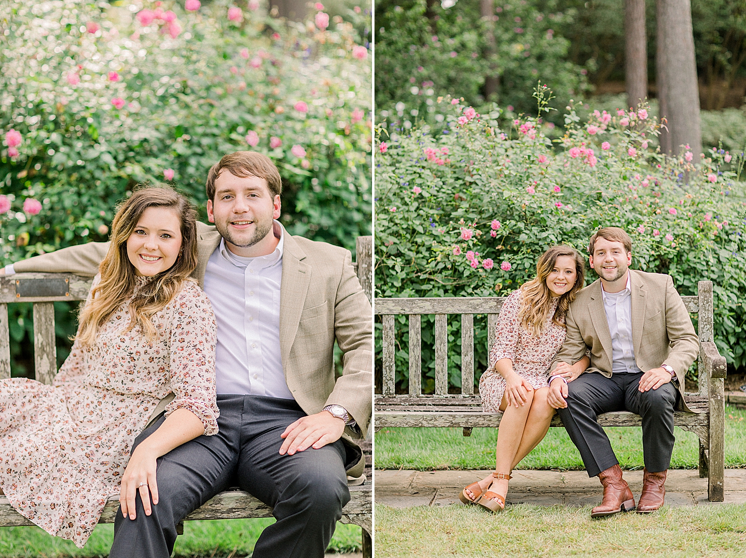 engaged couple sits on bench in Birmingham Botanical Gardens