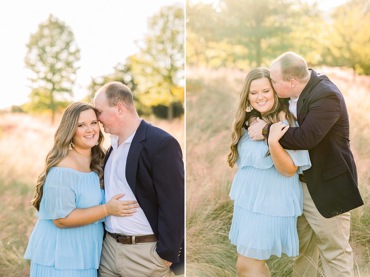 engaged couple hugs in field during Alabama engagement session