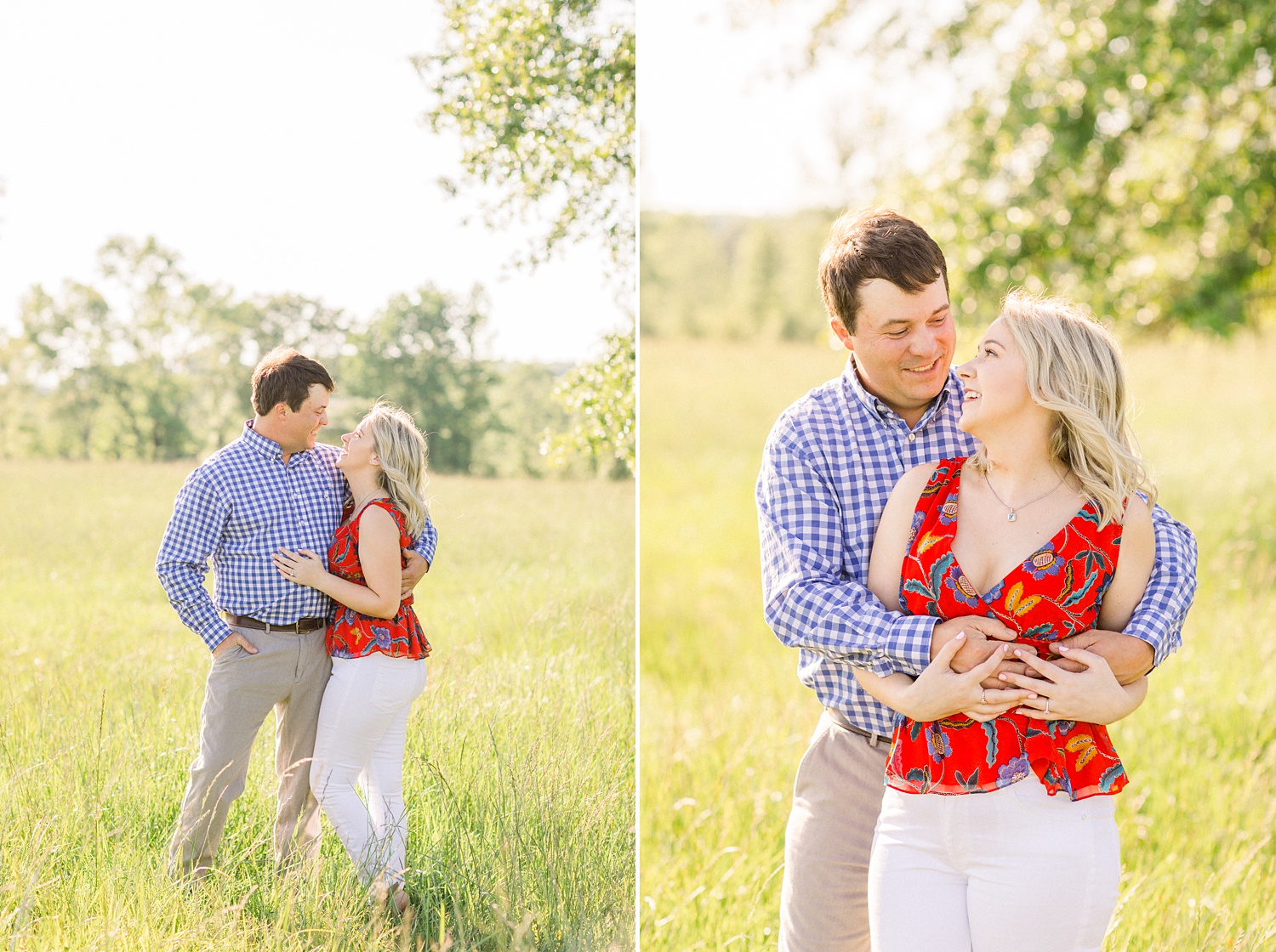 couple poses in Huntsville Alabama field for engagement photos