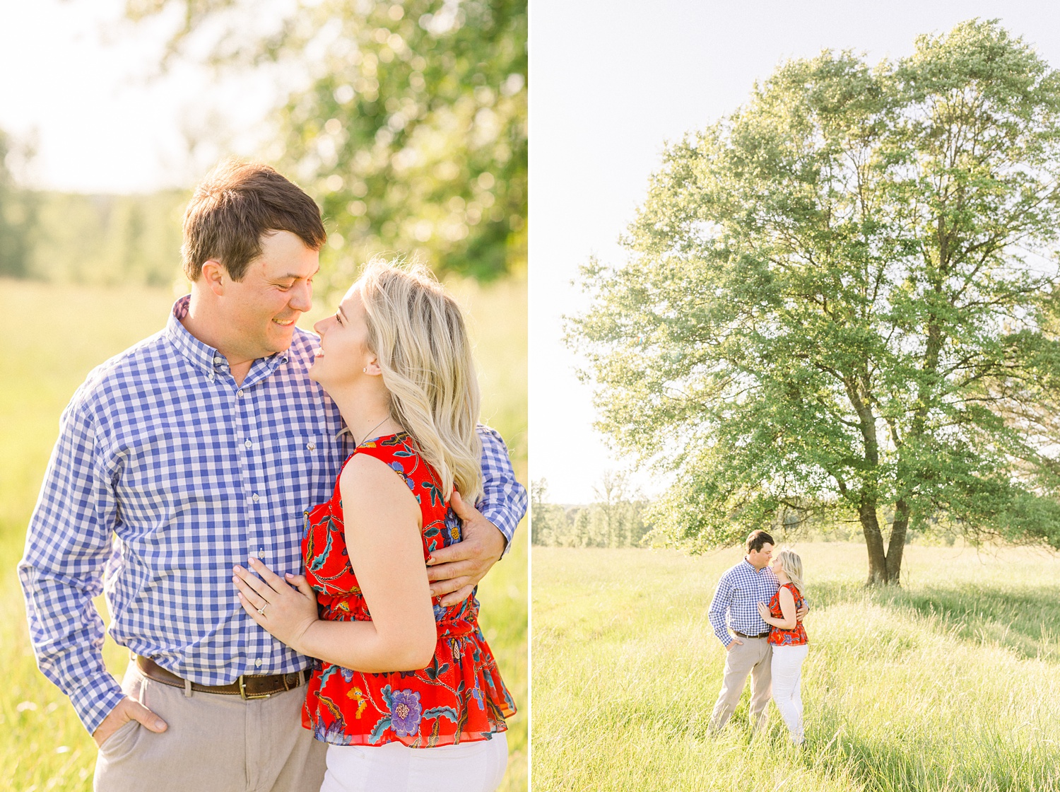 couple walks through field by tree in Huntsville AL