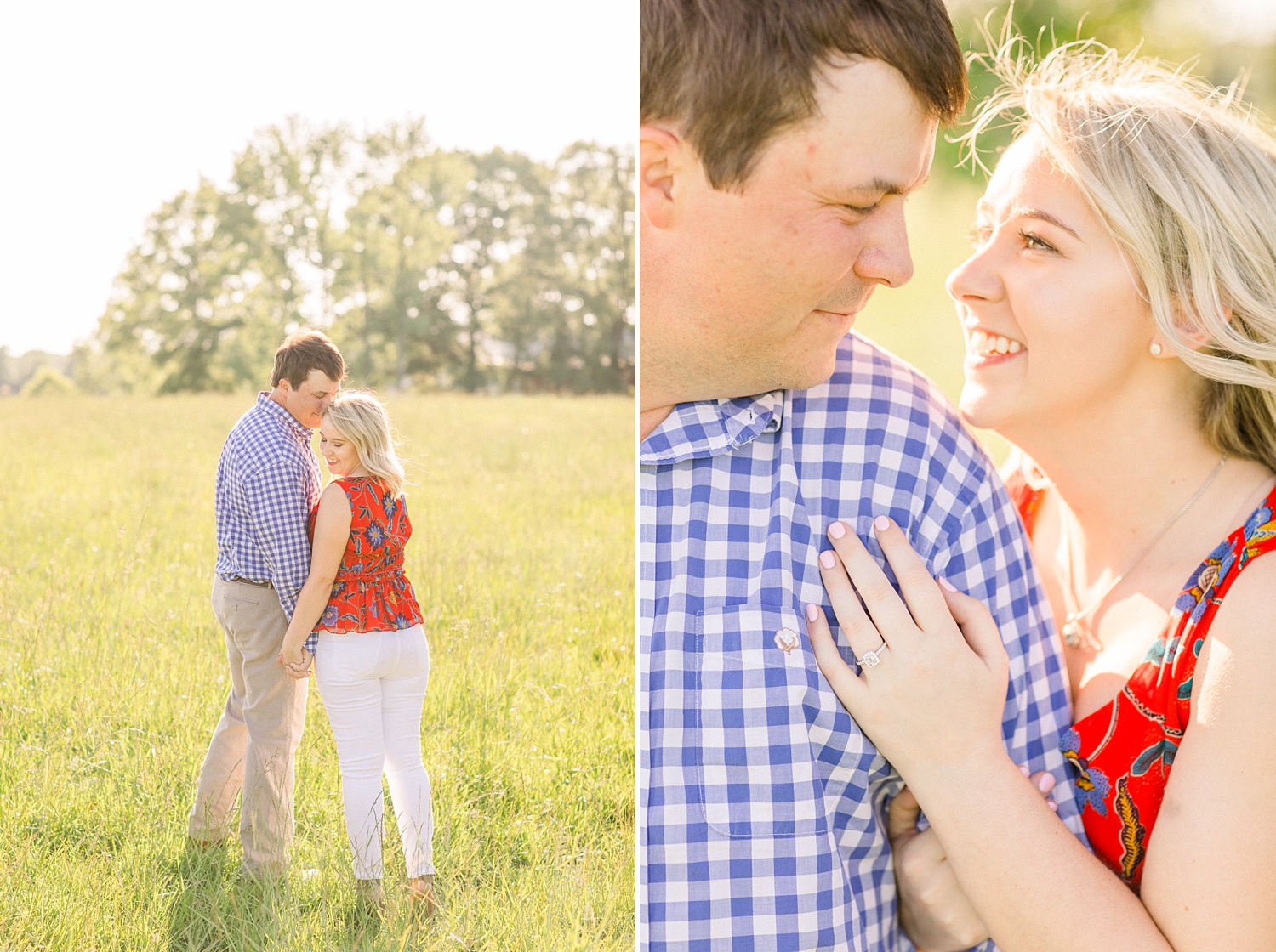Alabama couple hugs in field during engagement session