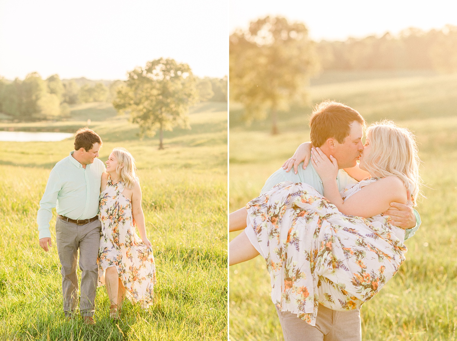 groom lifts bride up during spring engagement phots on farm