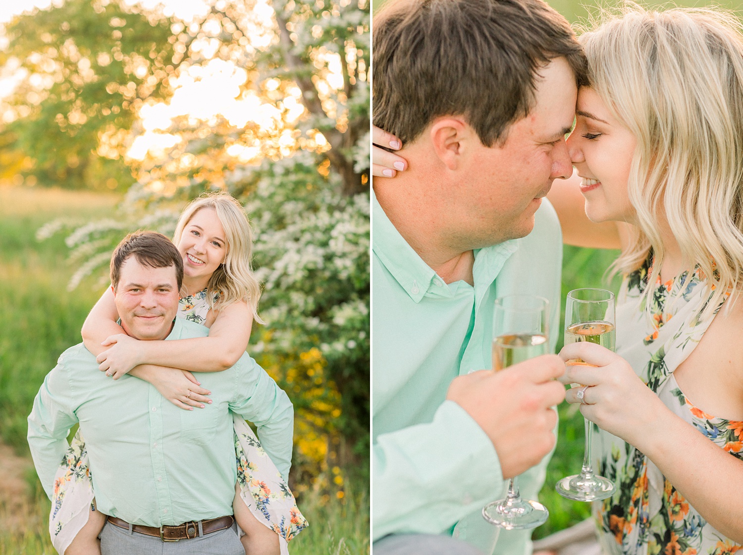 engaged couple toasts with champagne on farm