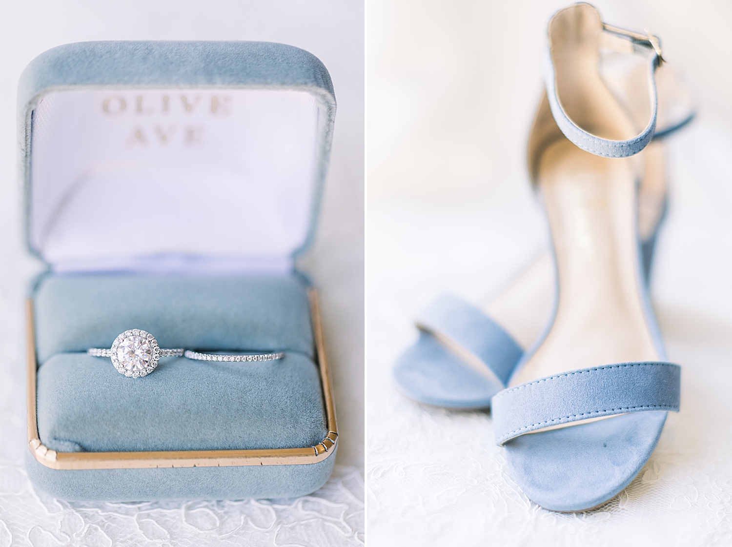 bride's blue shoes and ring box for Alabama wedding