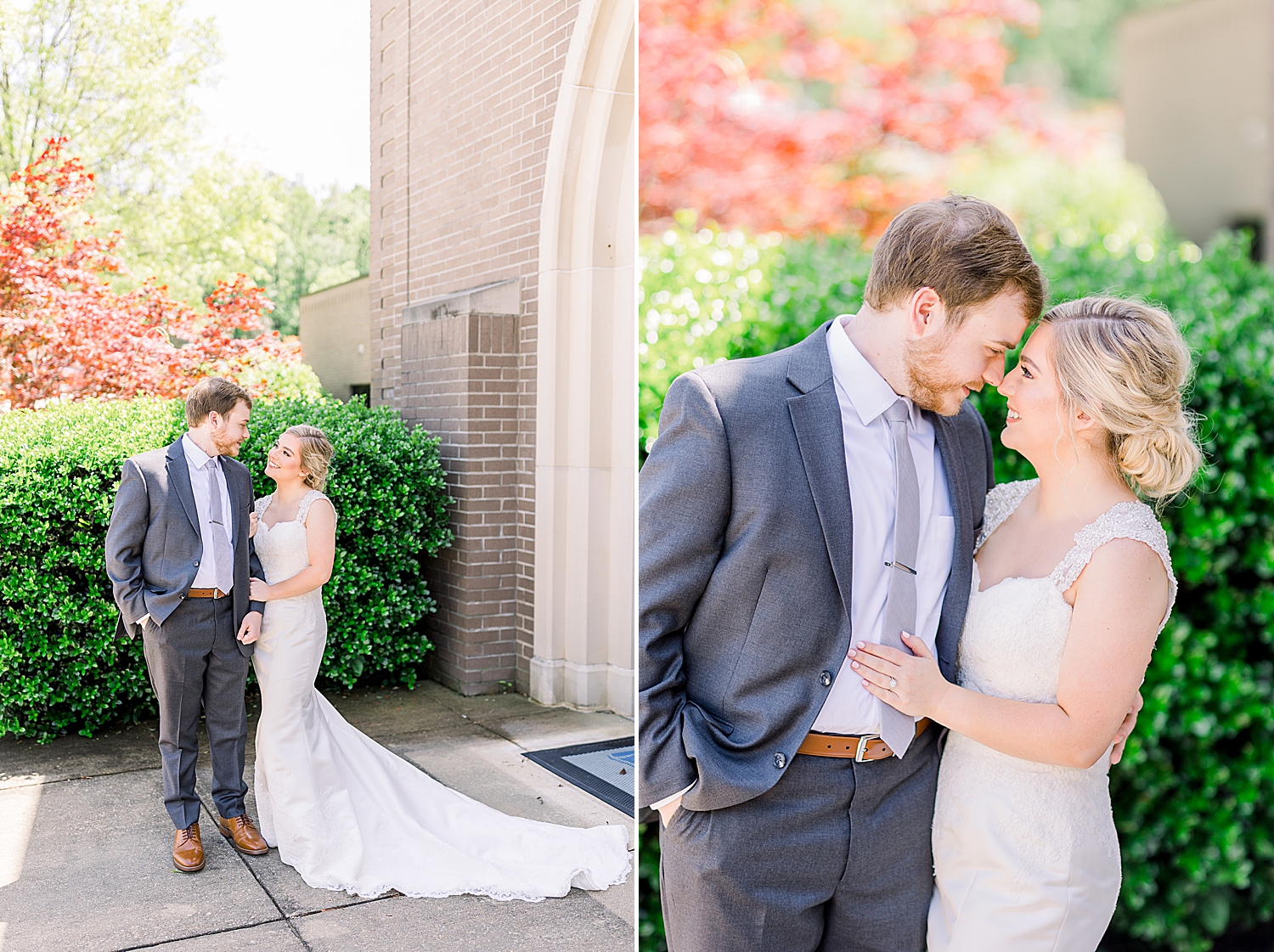 bride and groom pose outside Riverchase United Methodist Church