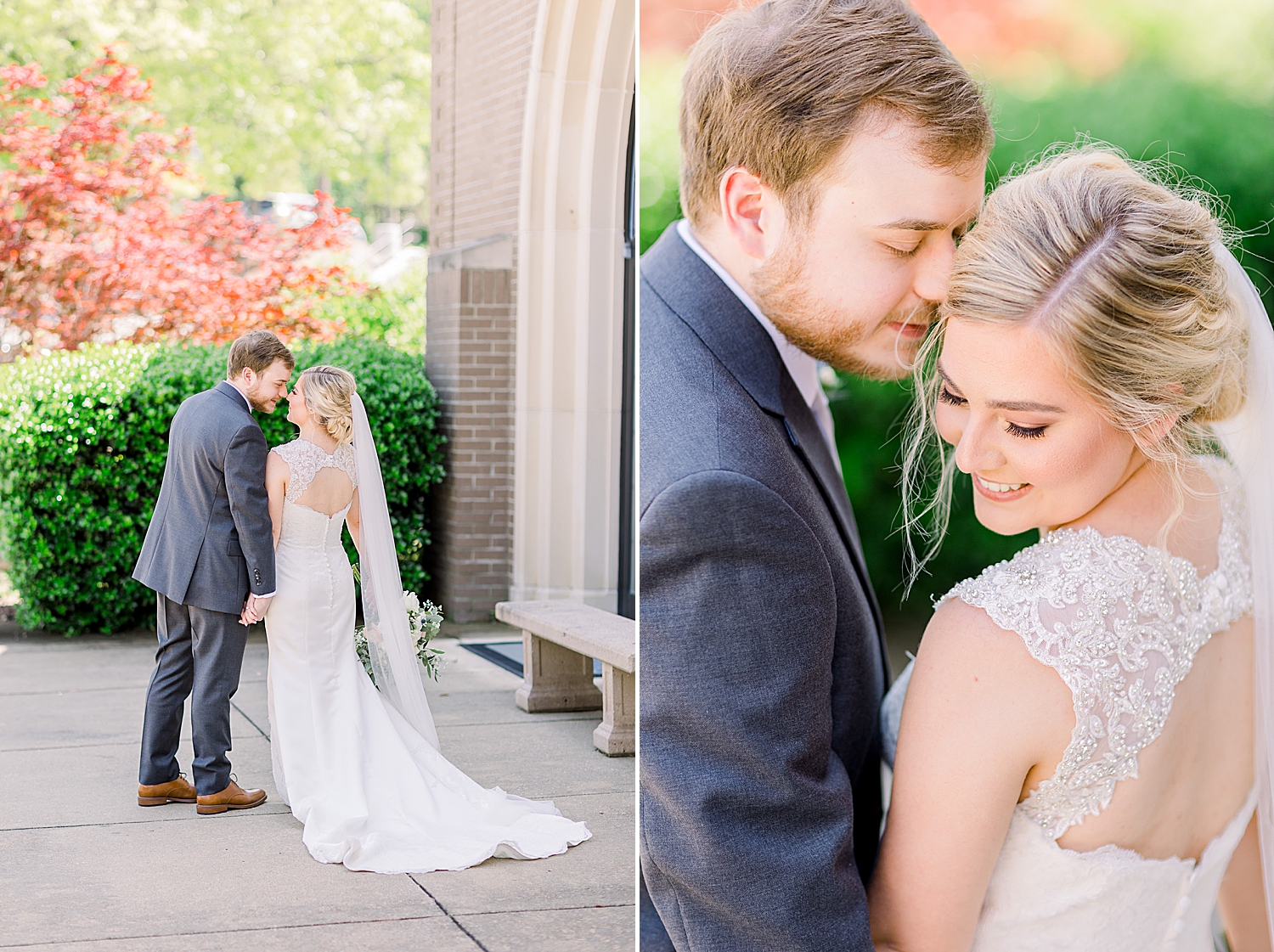 bride and groom pose outside Riverchase United Methodist Church