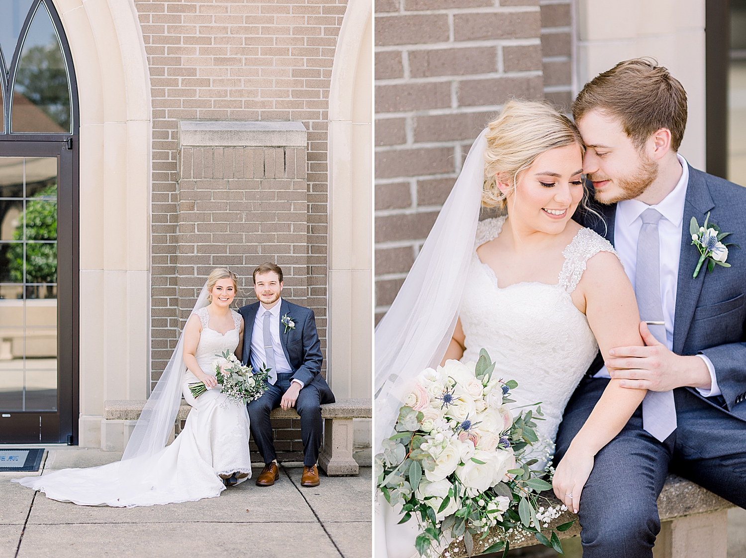 groom sits with bride outside church