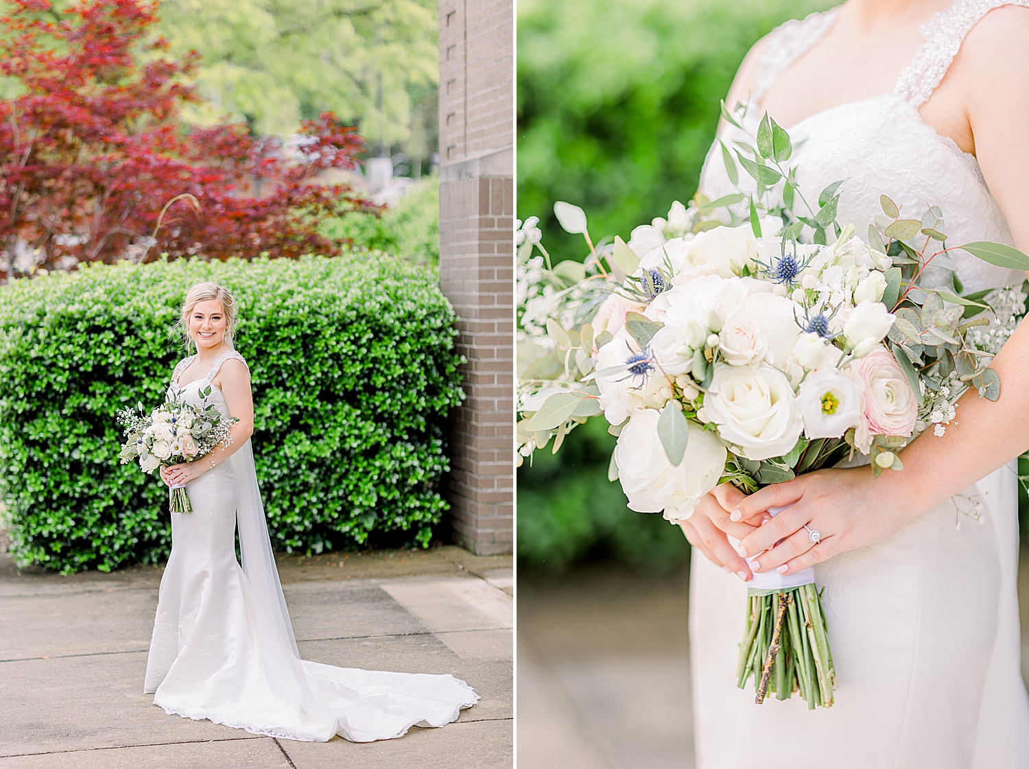 spring bridal portrait with bride holding bouquet of pastel flowers