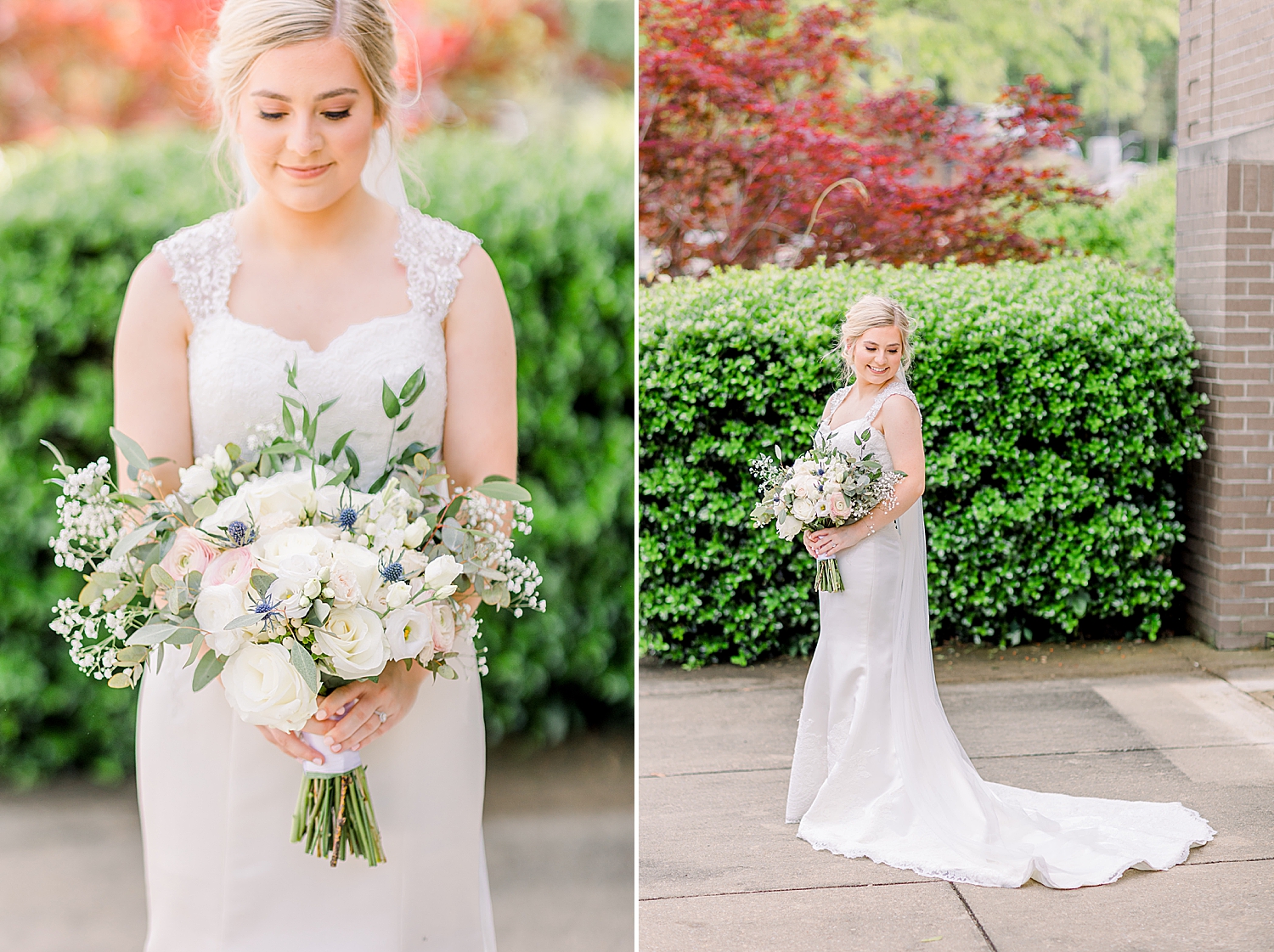 bride holds pastel bouquet of ivory flowers