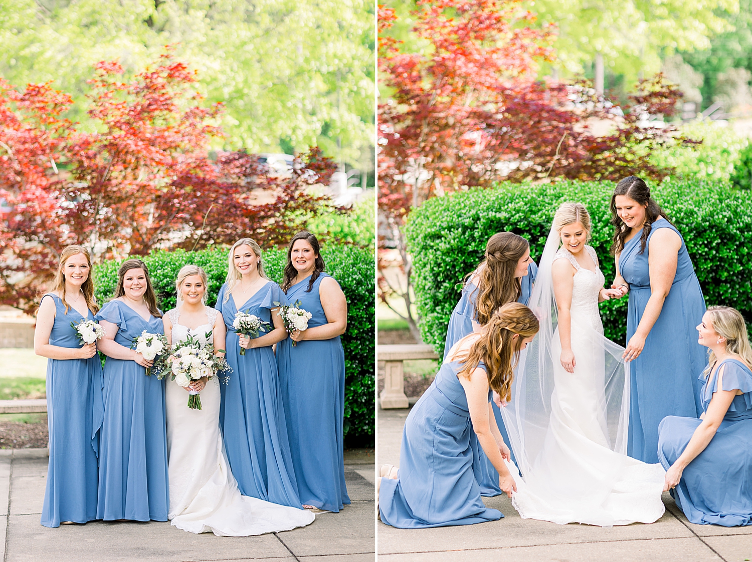 bride poses with bridesmaids in baby blue gowns