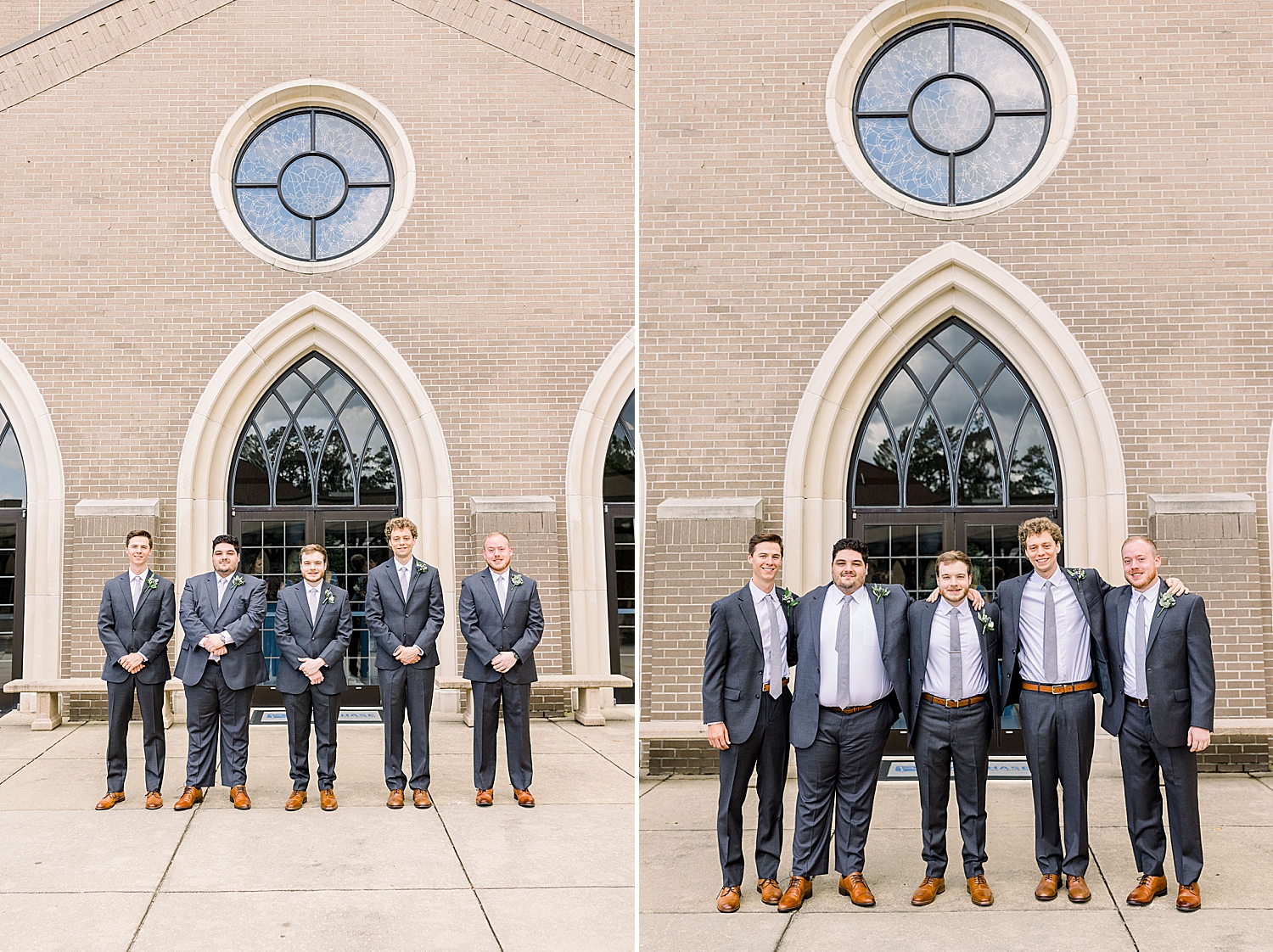 groom and groomsmen pose outside Birmingham church