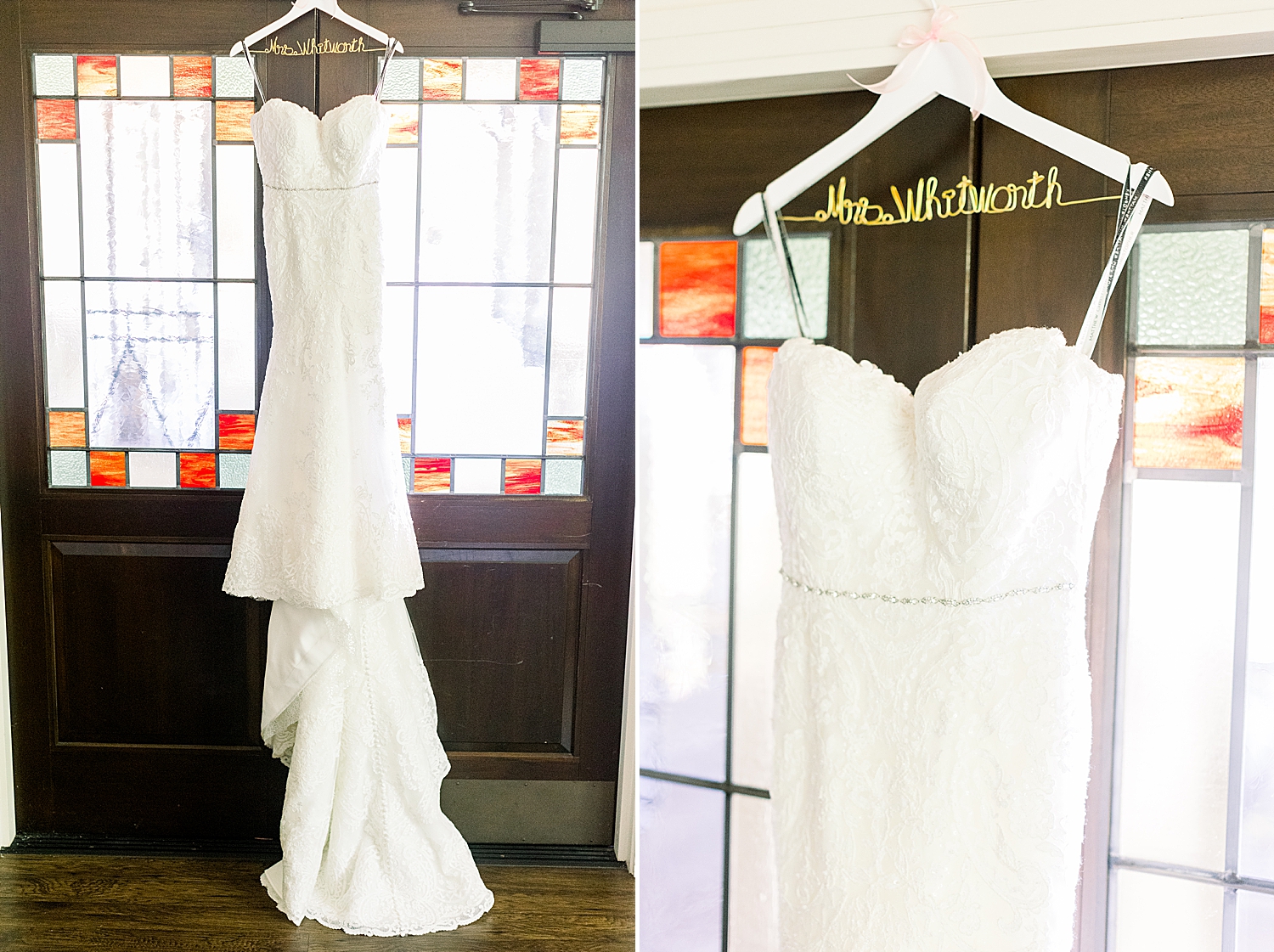 bride's wedding dress hangs by stained glass window