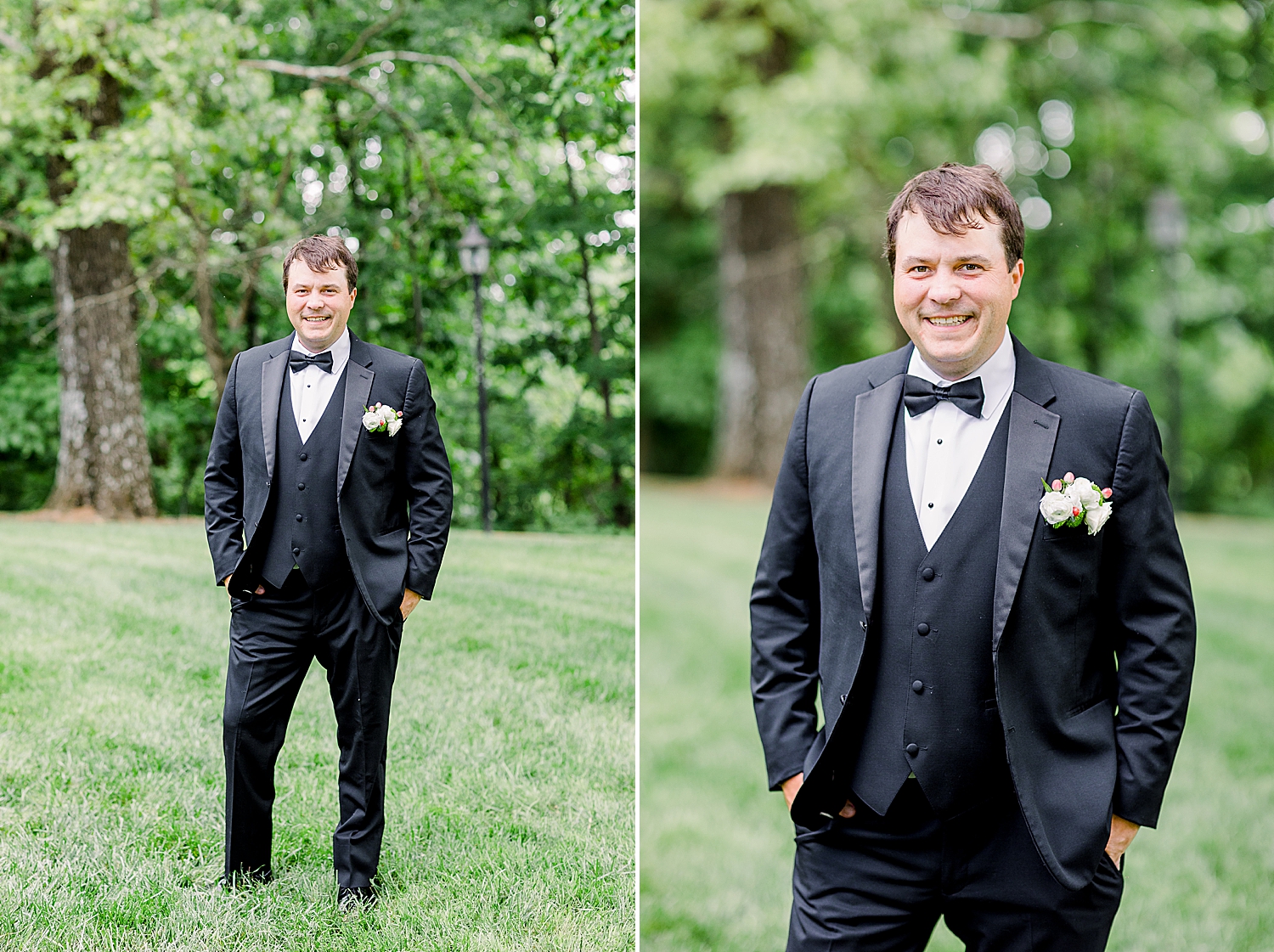 groom in classic tux smiles during portraits