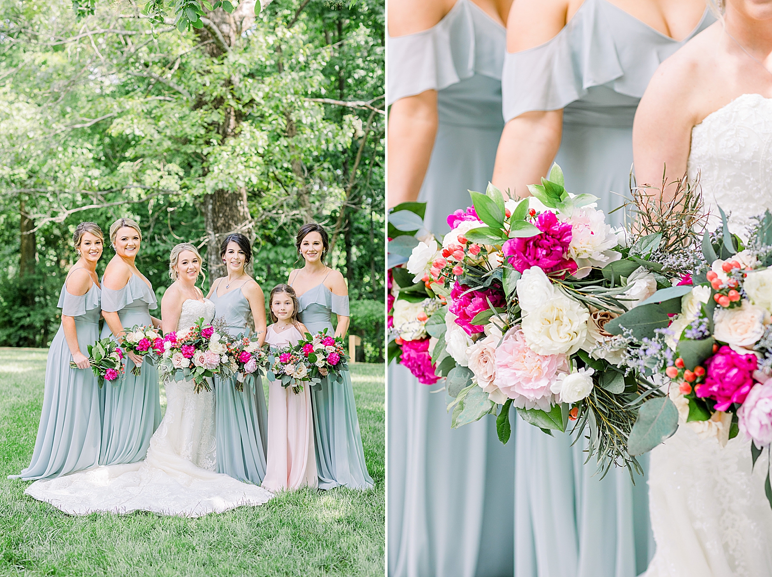 bride poses with bridesmaids in pale mint green
