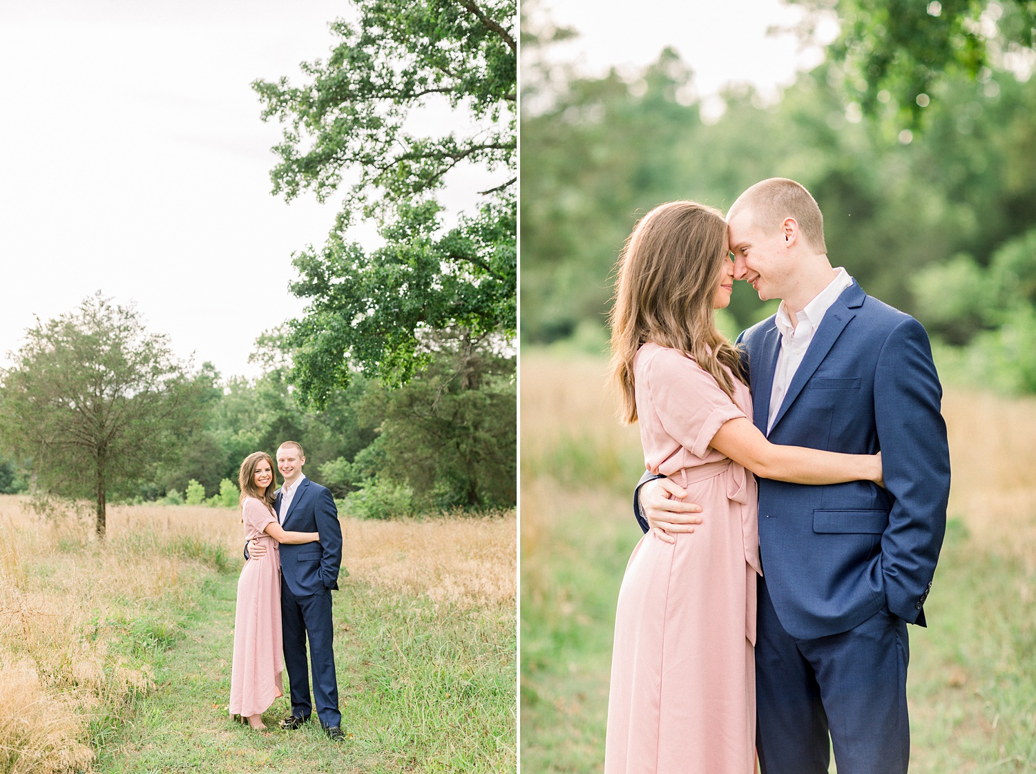 engagement portraits of couple in pink dress and navy suit